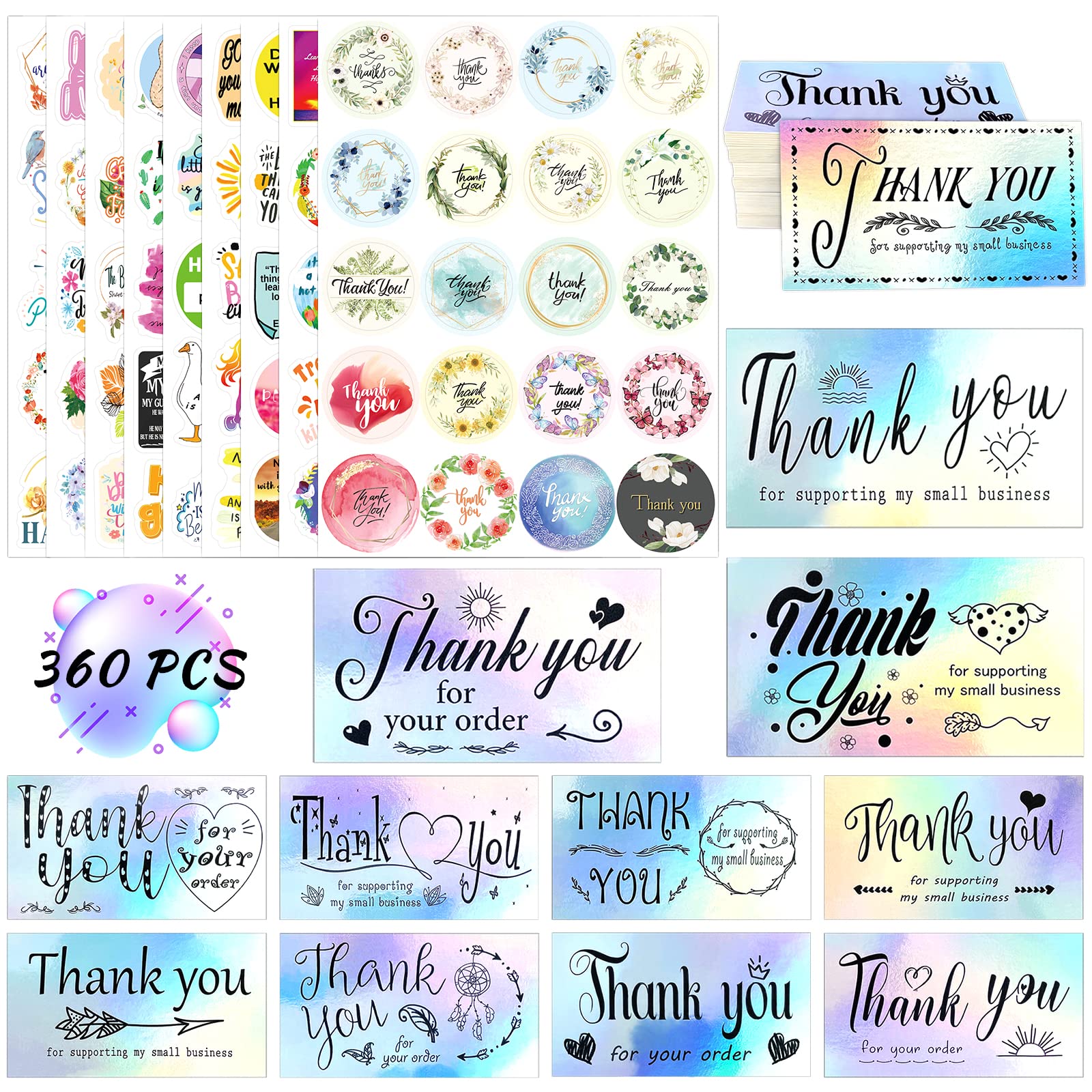 360Pcs Thank You Cards and Stickers Set - 180 Holographic Thank You Cards, 20 Thank You Stickers for Small Business, 160 Inspirational Stickers - Perfect for Thank You Gift Cards, Customer Appreciation, and Party Favors