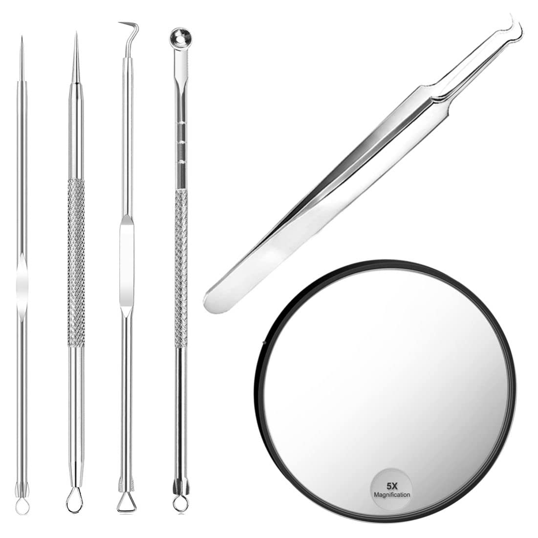 Professional 6-in-1 Blackhead Remover Kit with 4 Extractors, Stainless Steel Tweezers & 5X Magnifying Mirror - Acne Treatment Tools for Face & Nose - Perfect for Home Skincare & Spa Days (Model AA7226)
