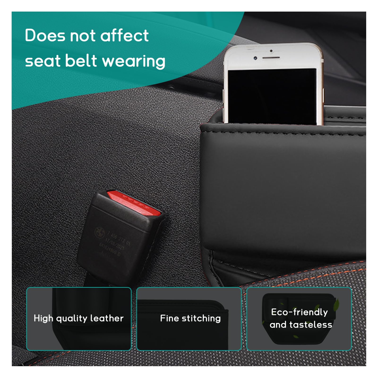 Premium Leather Car Seat Gap Filler - Adjustable Front Seat Storage Organizer for Phones, Glasses, Keys & Cards | Universal Vehicle Accessories for Most Cars (Black) | Perfect for Road Trips & Daily Commutes