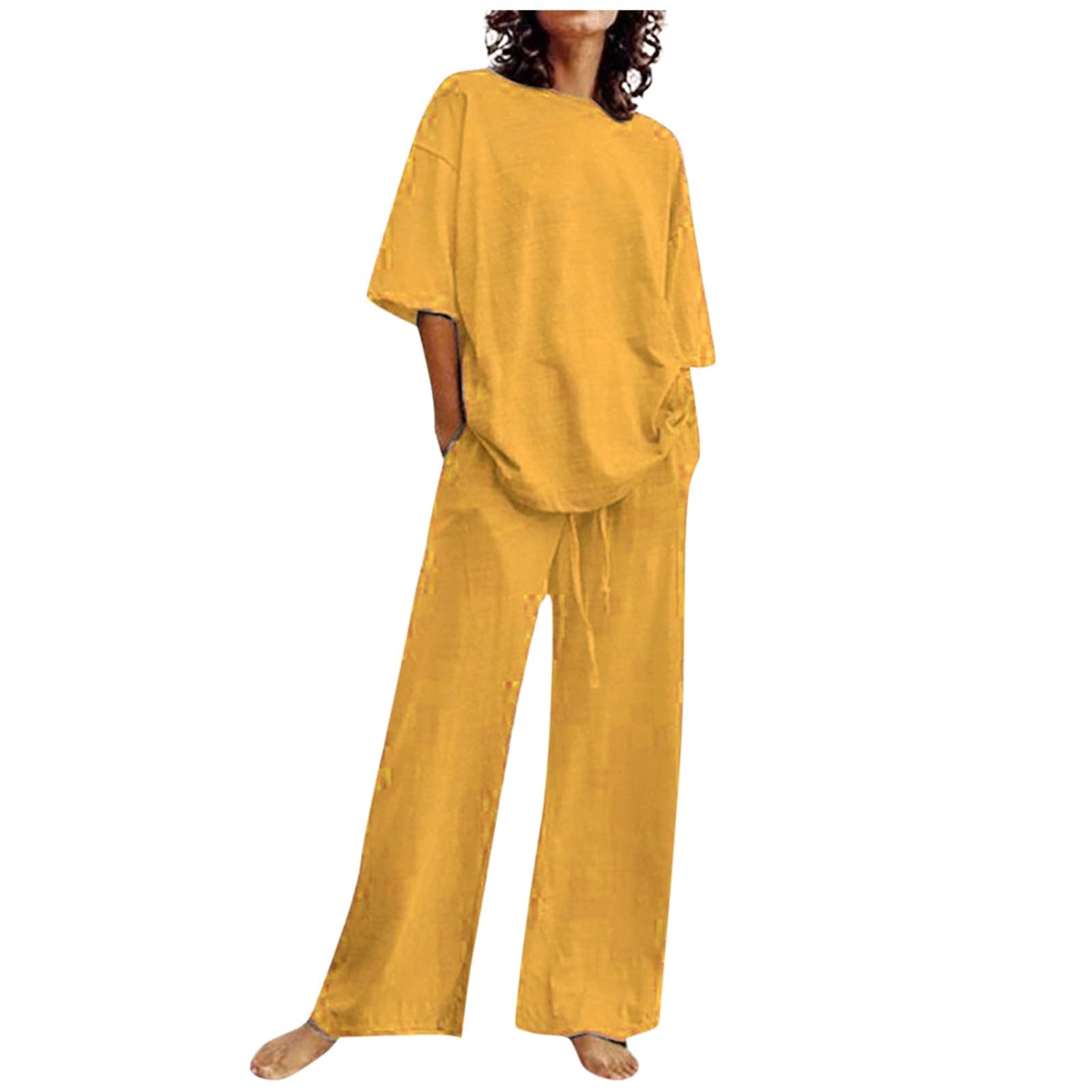 Women's 2-Piece Shorts Set - Cotton Linen Lounge Sweatsuit with Half Sleeve Top & Wide Leg Drawstring Pants | Casual Summer Outfit for Beach, Vacation & Home Relaxation | 2024 Fashion Trend in Yellow