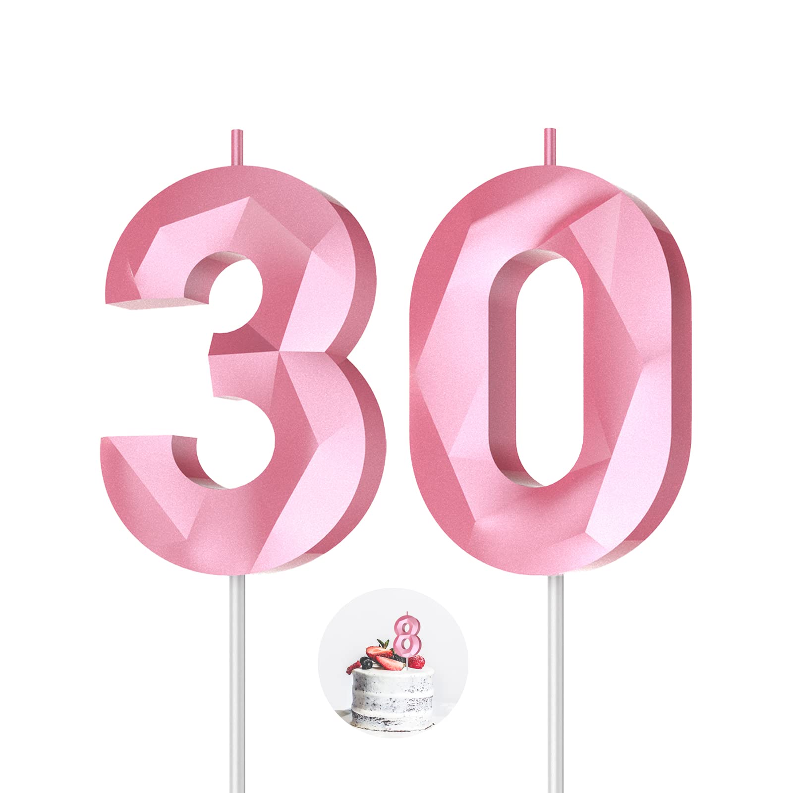 3D Diamond Shape Number Birthday Candles (30-Pack, Pink) - Happy Birthday Cake Candles for Birthday Parties, Weddings, Reunions & Theme Celebrations - Perfect for Cake Decorating, Party Supplies & Special Occasions