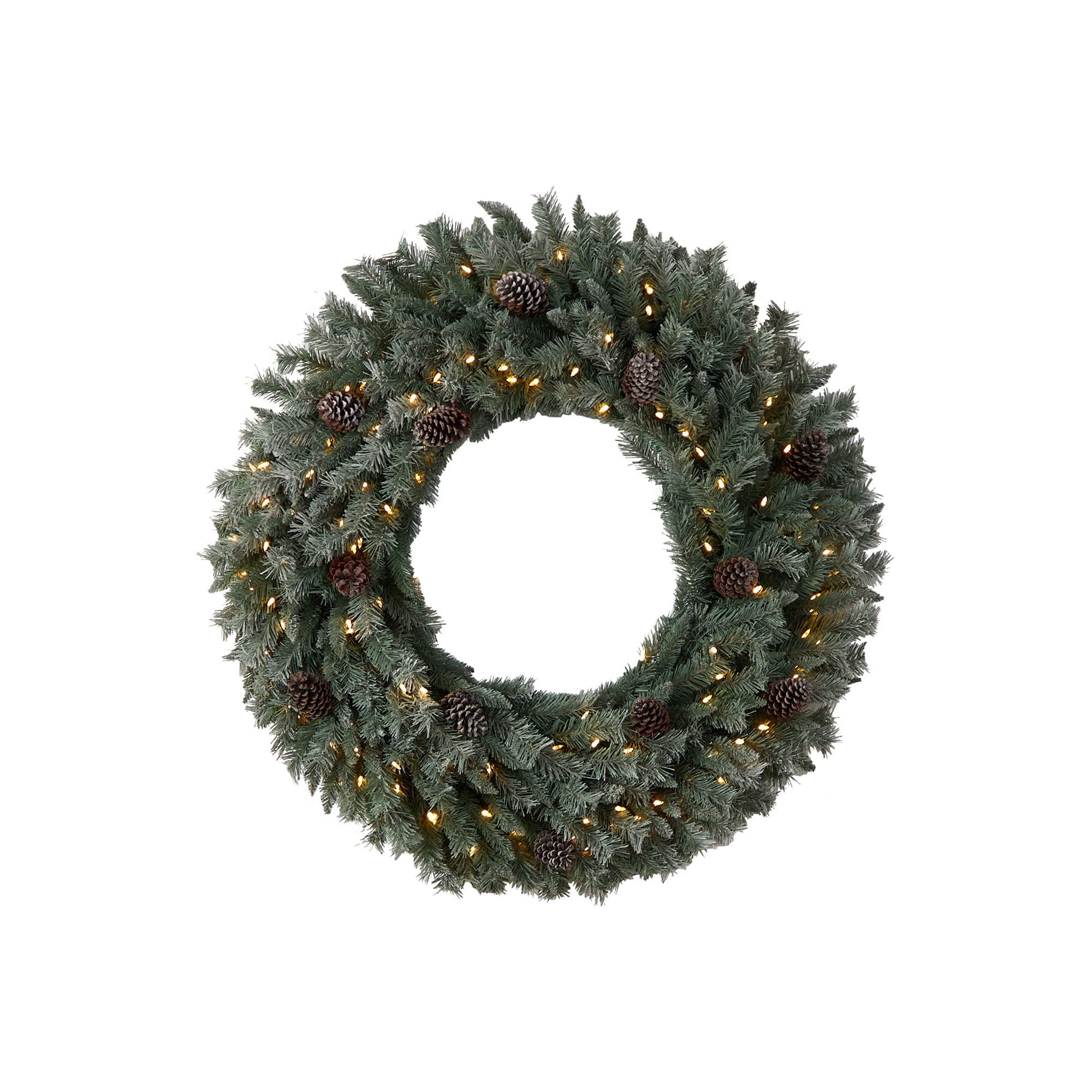 Nearly Natural 4ft Large Flocked Artificial Christmas Wreath with Pinecones - 150 Clear LED Lights & 360 Bendable Branches for Holiday Door Decor, Fireplace Mantel, and Festive Home Decoration