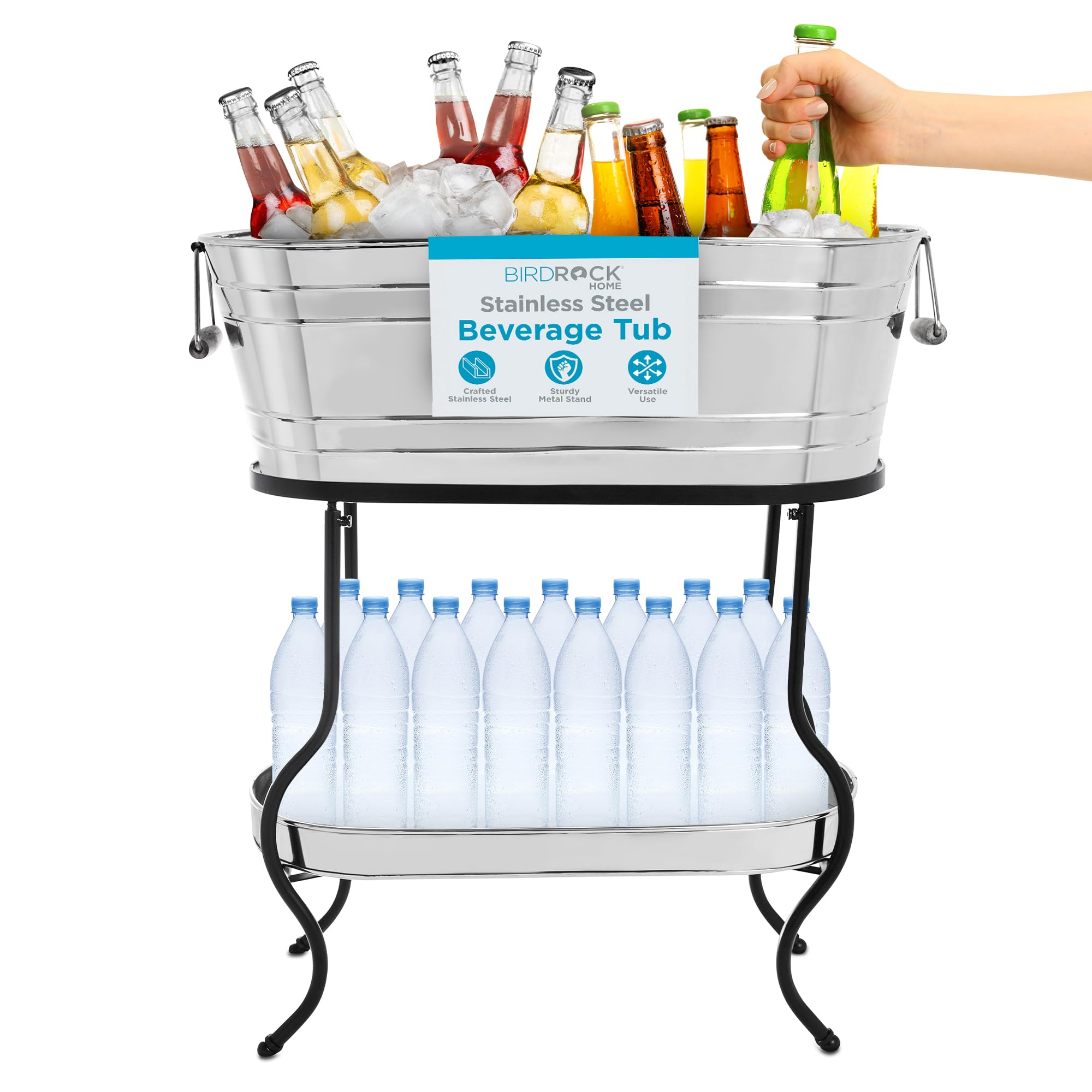 BIRDROCK Stainless Steel Beverage Tub with Stand & Wooden Handles - 5 Gallon Ice Bucket with Bottom Tray for Parties - Indoor/Outdoor Drink Cooler for Entertaining, BBQ, Poolside & Tailgating