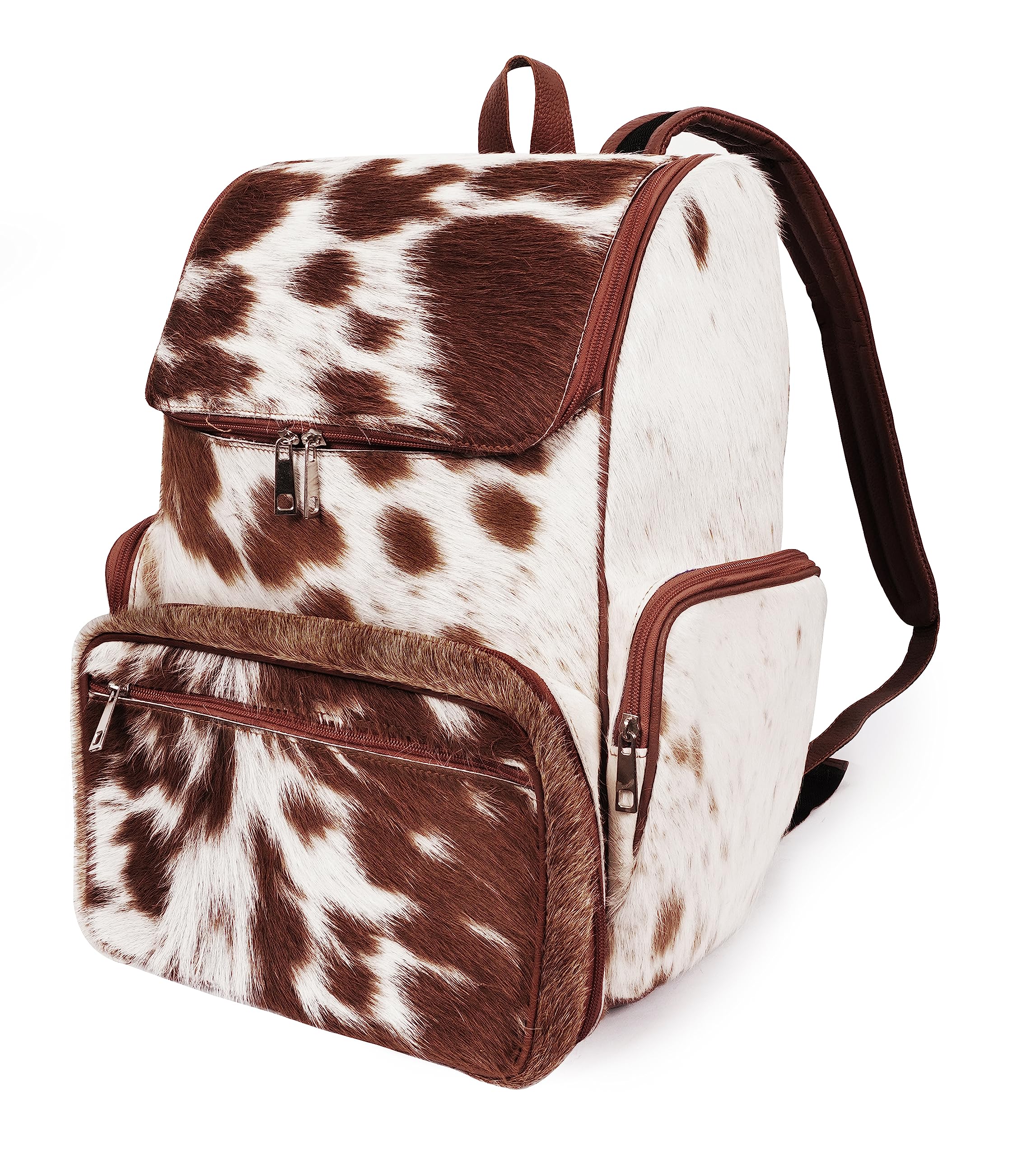 Premium Cowhide Hair Print Diaper Backpack - Stylish Brown & White Travel Shoulder Bag for Moms | Waterproof Baby Essentials Organizer | Perfect for Parenting, Outings & Air Travel