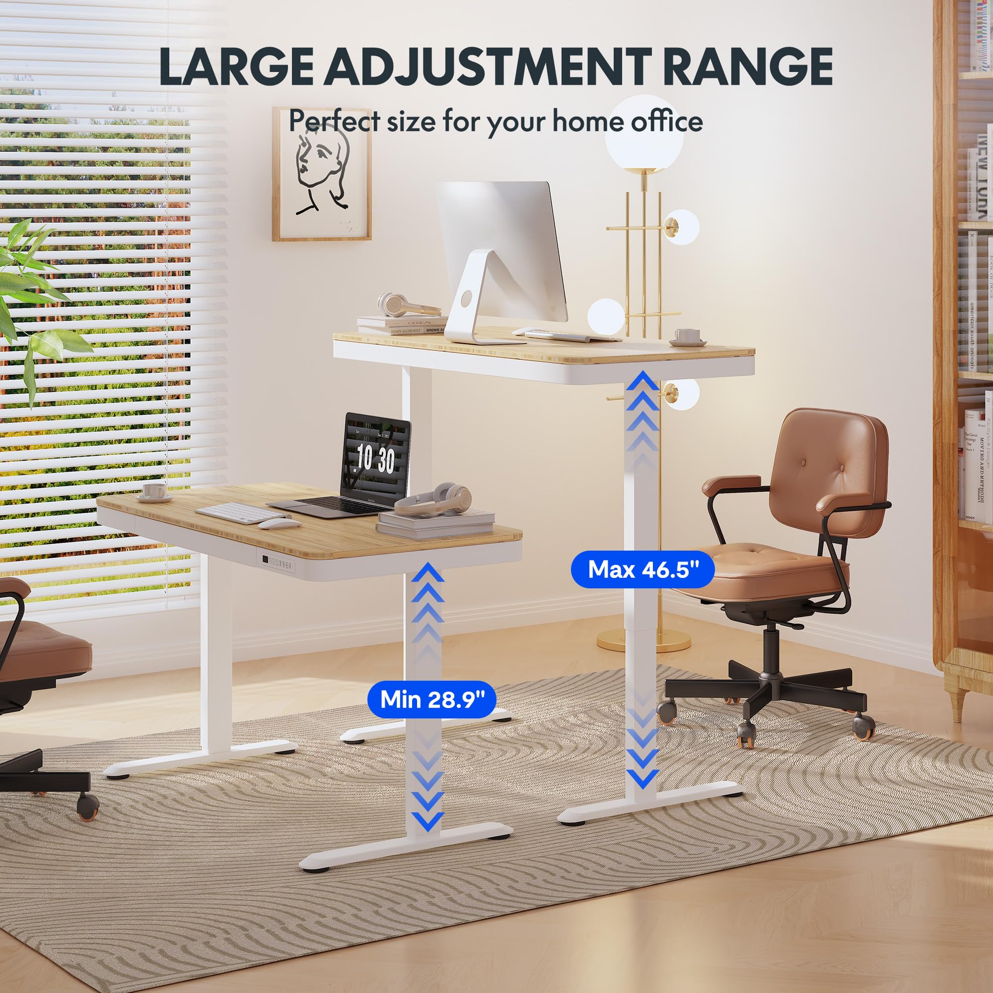 FLEXISPOT Comhar Electric Adjustable Standing Desk with Drawer & USB Charging Ports - Bamboo Texture/White Frame for Home Office & Workspace - Ergonomic Sit Stand Desk for Work, Study & Gaming