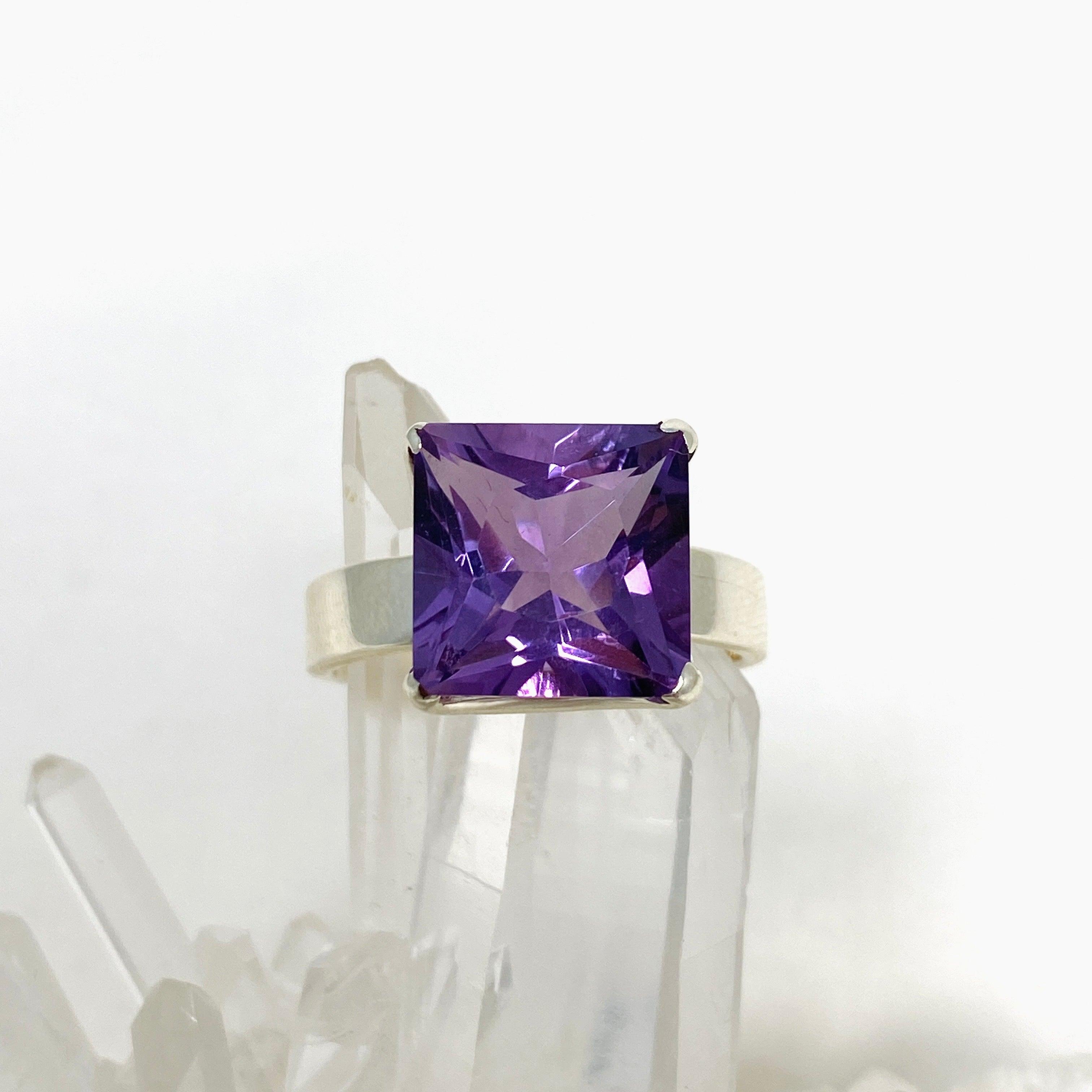 Amethyst Faceted Square Ring - Size 11 - PRGJ424 - Perfect for Women's Fashion, Gift Giving & Special Occasions
