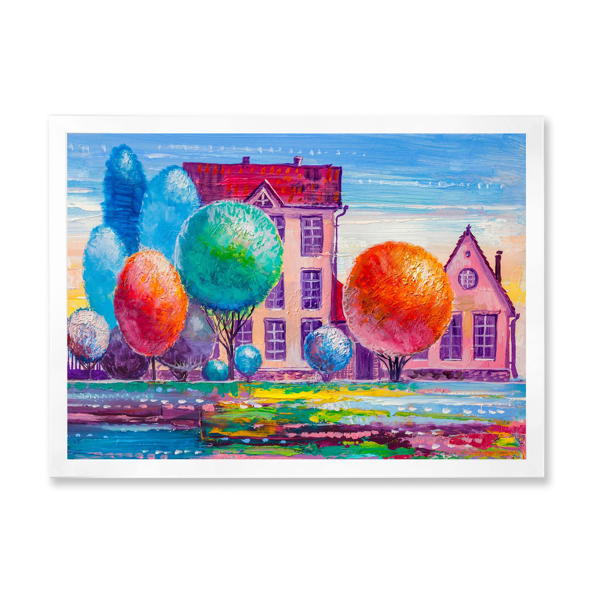 DesignQ Daydream House In The Village - Traditional Framed Wall Art Painting for Living Room, Bedroom & Office Decor - Rustic Countryside Landscape Canvas Print