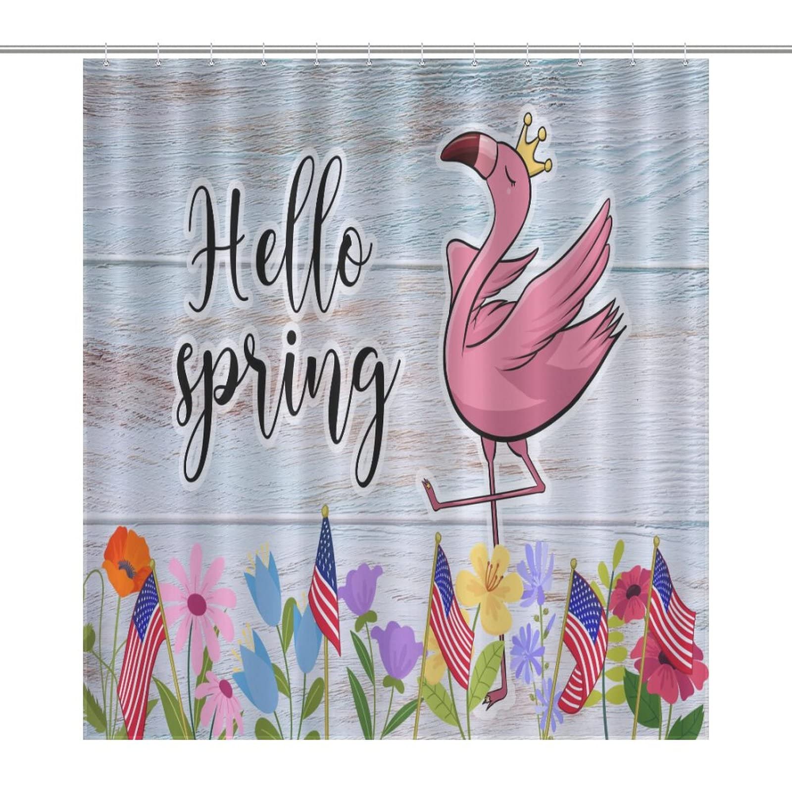 Hello Spring Wood Grain Flamingo Floral Shower Curtain - 66x72 Inch Washable Polyester Bathroom Curtain with 12 Hooks for Bathtub, Stall & Hotel Decor | Perfect for 4th of July, Summer Beach House & Tropical Bathroom Themes