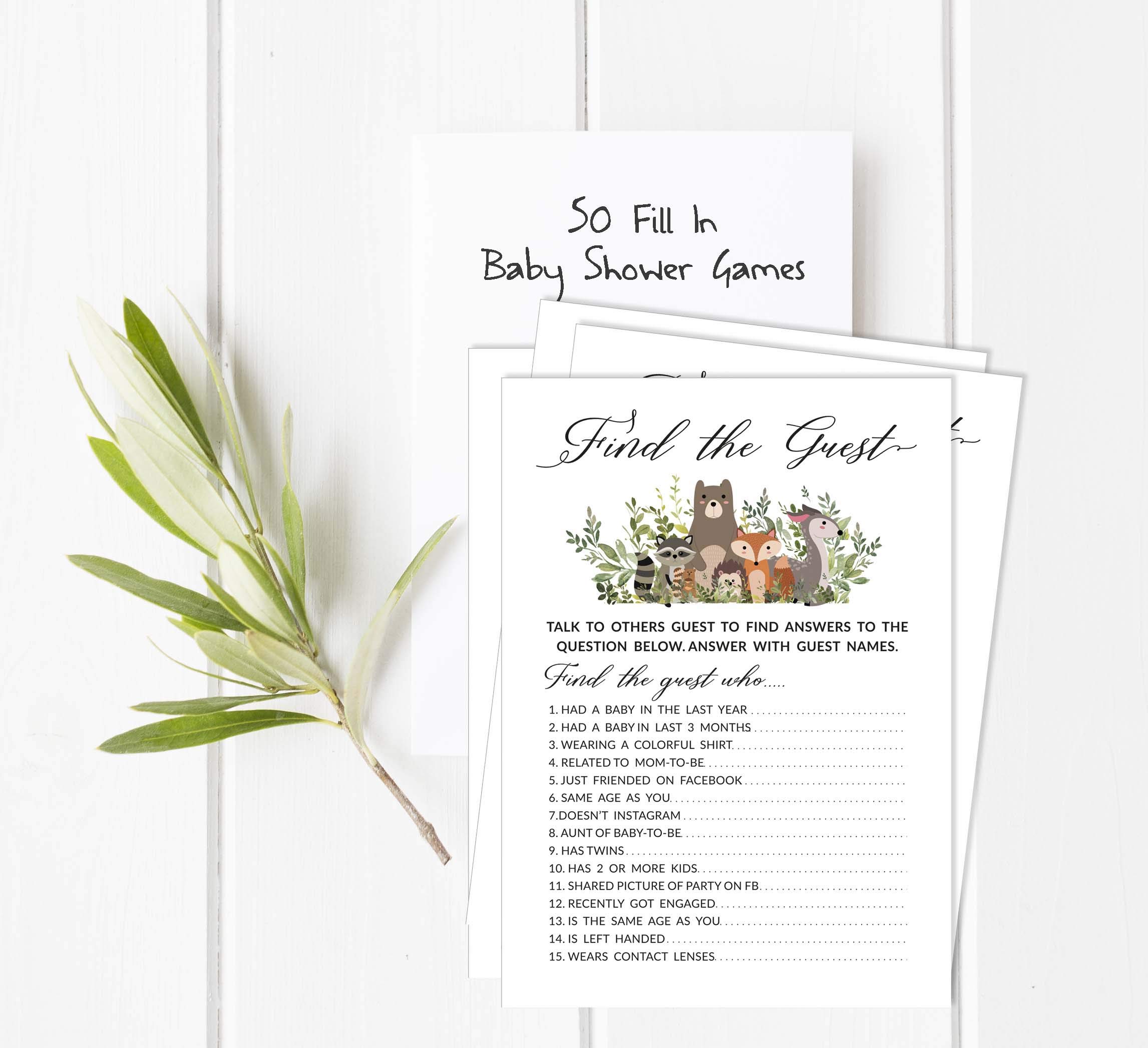 50 Find The Guest Baby Shower Game Cards - Gender Neutral Leaves & Animals Theme - Icebreaker Party Activity for Baby Showers & Gender Reveals
