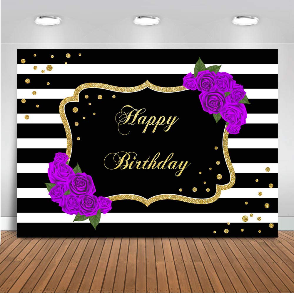 Happy Birthday Backdrop for Women - Black & White Stripe with Gold Dots & Purple Floral Design - 5x3ft Photo Booth Background for Birthday Parties, Baby Showers & Social Media Photography