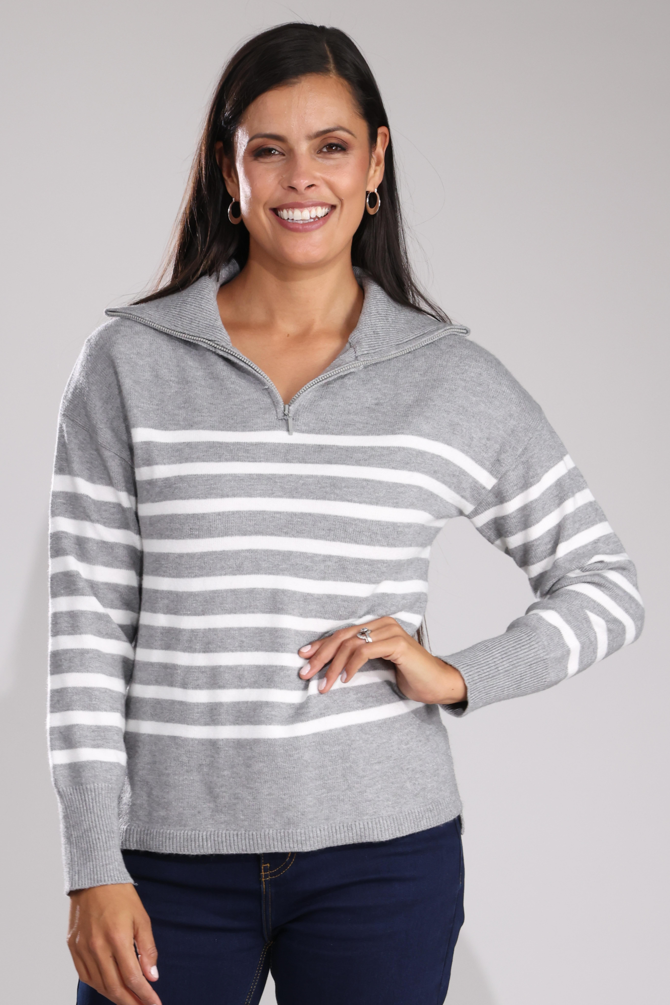 Silver Marle & Ivory Stripe Knit Jumper Sweater | Women's Casual Pullover | Perfect for Fall & Winter Layering | Office Wear & Weekend Outfits