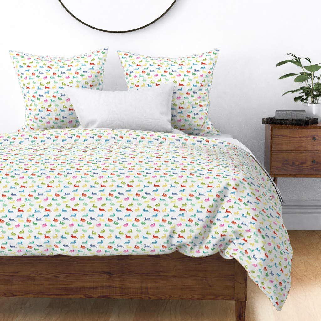Colorful Bunnies Bunny Easter Duvet Cover - King/California King Size Cotton Sateen Bedding | Gender Neutral Kids Room Decor, Woodland Animal Watercolor Print | Perfect for Spring Nursery, Rainbow Rabbit Themed Bedroom