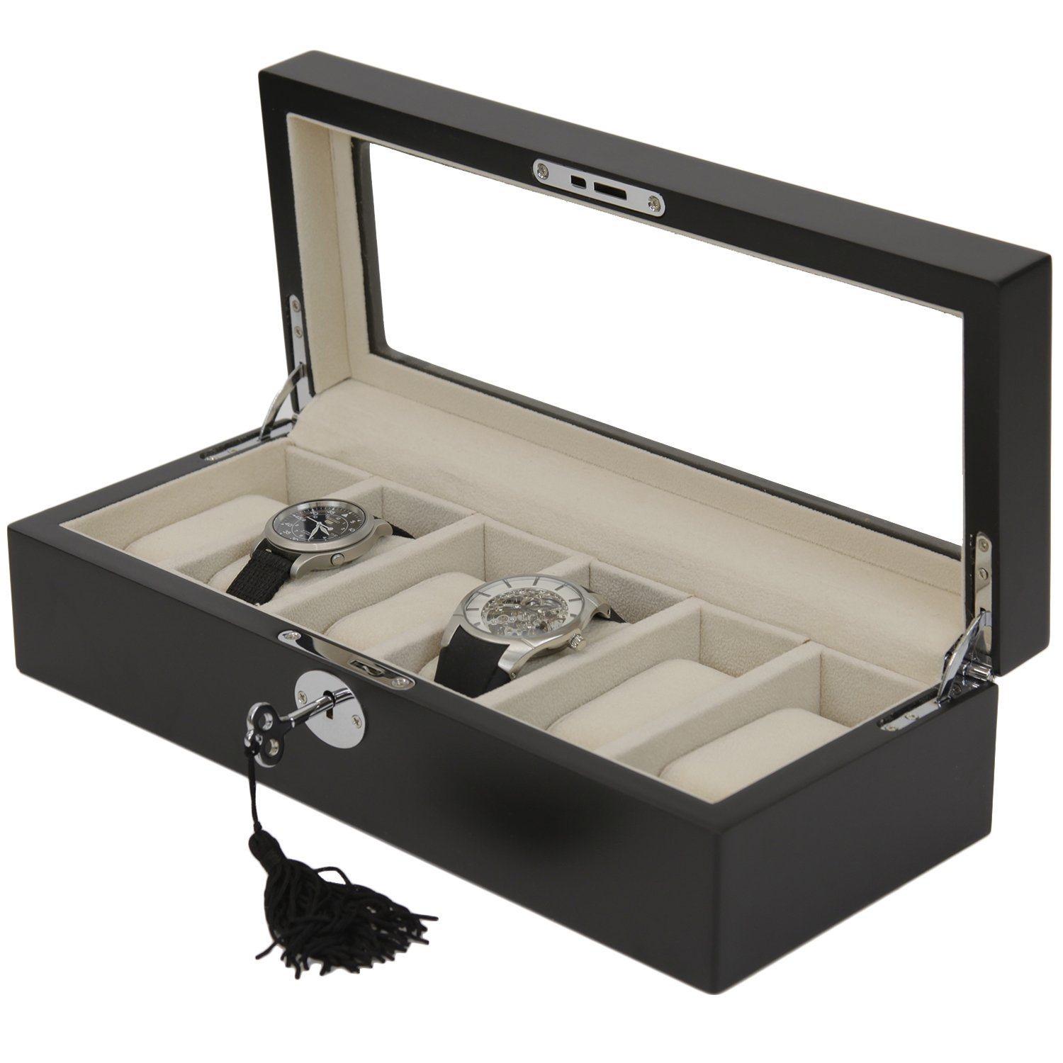 Premium Wooden Watch Box for 6 Watches - Glass Top Display Case with Soft Interior (Black) - Perfect for Watch Collectors & Gift Giving