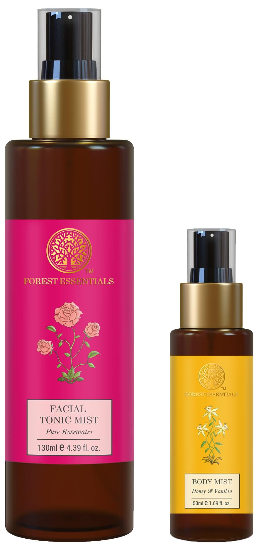 Forest Essentials Travel Size Body Mist Honey & Vanilla + Facial Tonic Mist Pure Rosewater Combo Set | Hydrating & Refreshing Body & Face Mist for Women | Perfect for Travel, Gym & Daily Skincare Routine