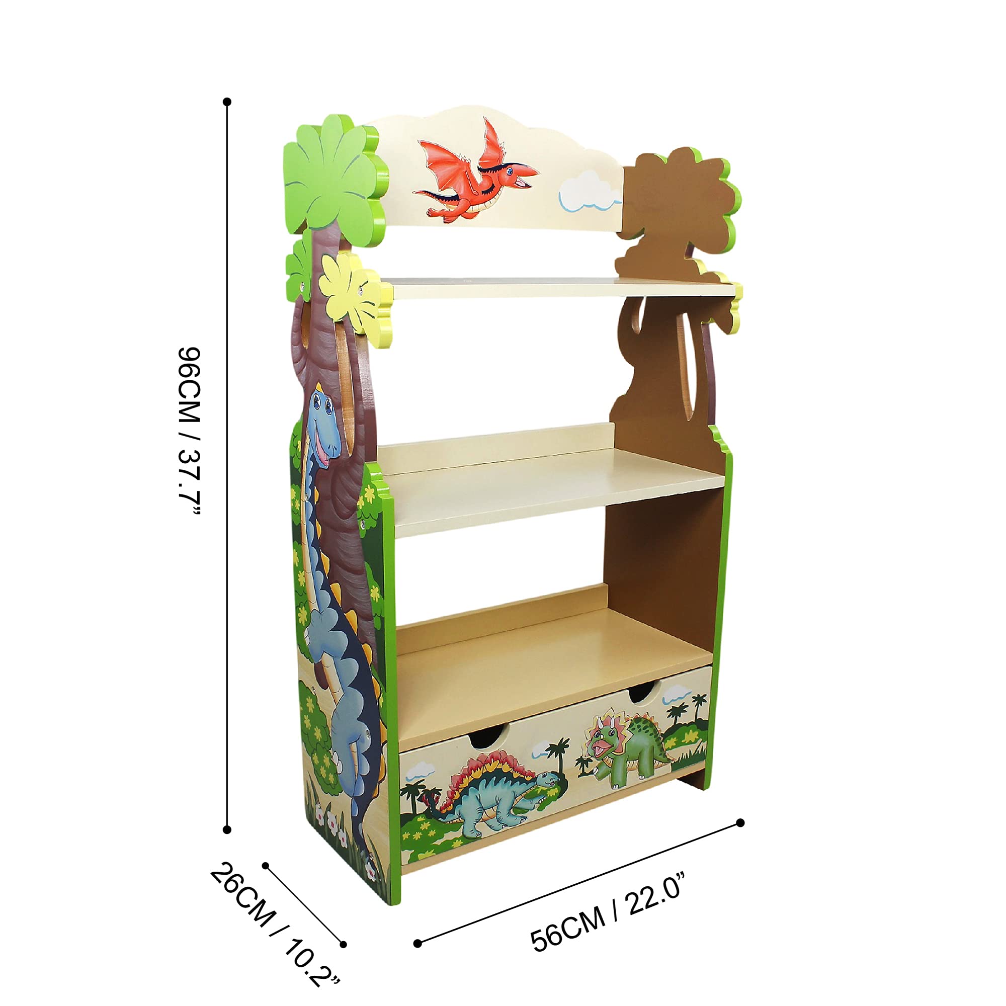 Fantasy Fields - 3-Tier Wooden Baby Bookshelf & Toy Storage with Drawer, Dinosaur Kingdom Themed Kids Bookcase - Inspires Imagination & Organizes Toys, Books & Nursery Decor (38