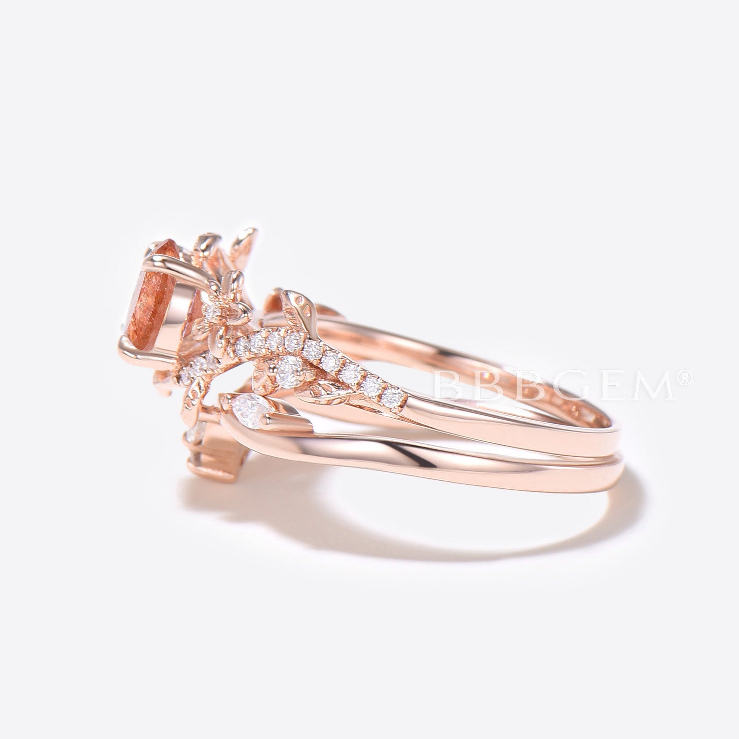 Twig Leaf Round Sunstone Engagement Ring Set - Rose Gold Floral Wedding Band for Women, Perfect for Bridal Jewelry, Proposals & Anniversary Gifts