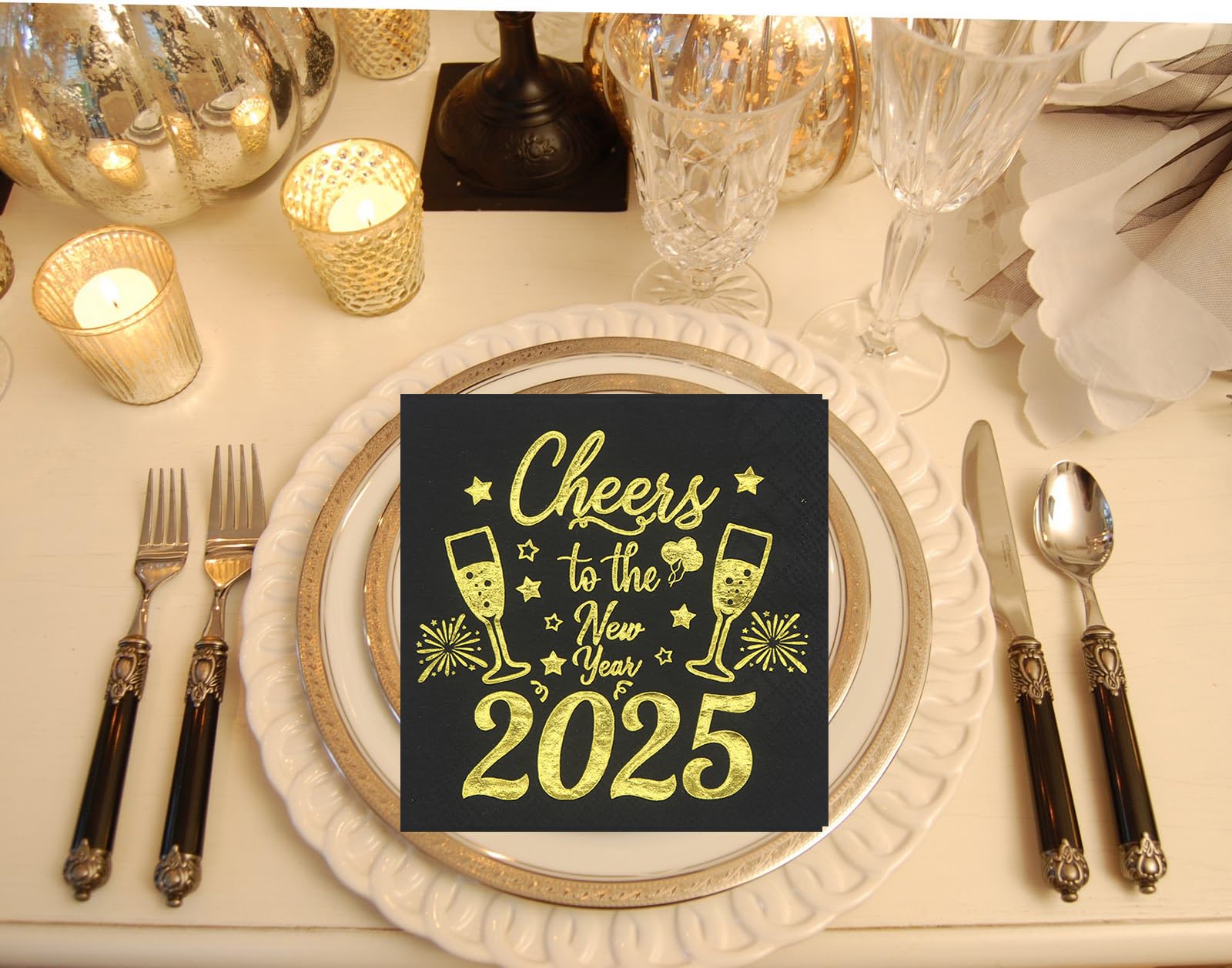 2025 New Year's Eve Party Napkins - Gold Foil Cheers Design, 5x5 Inch, 50-Pack - Perfect for NYE Celebrations, Countdown Parties & Holiday Decorations