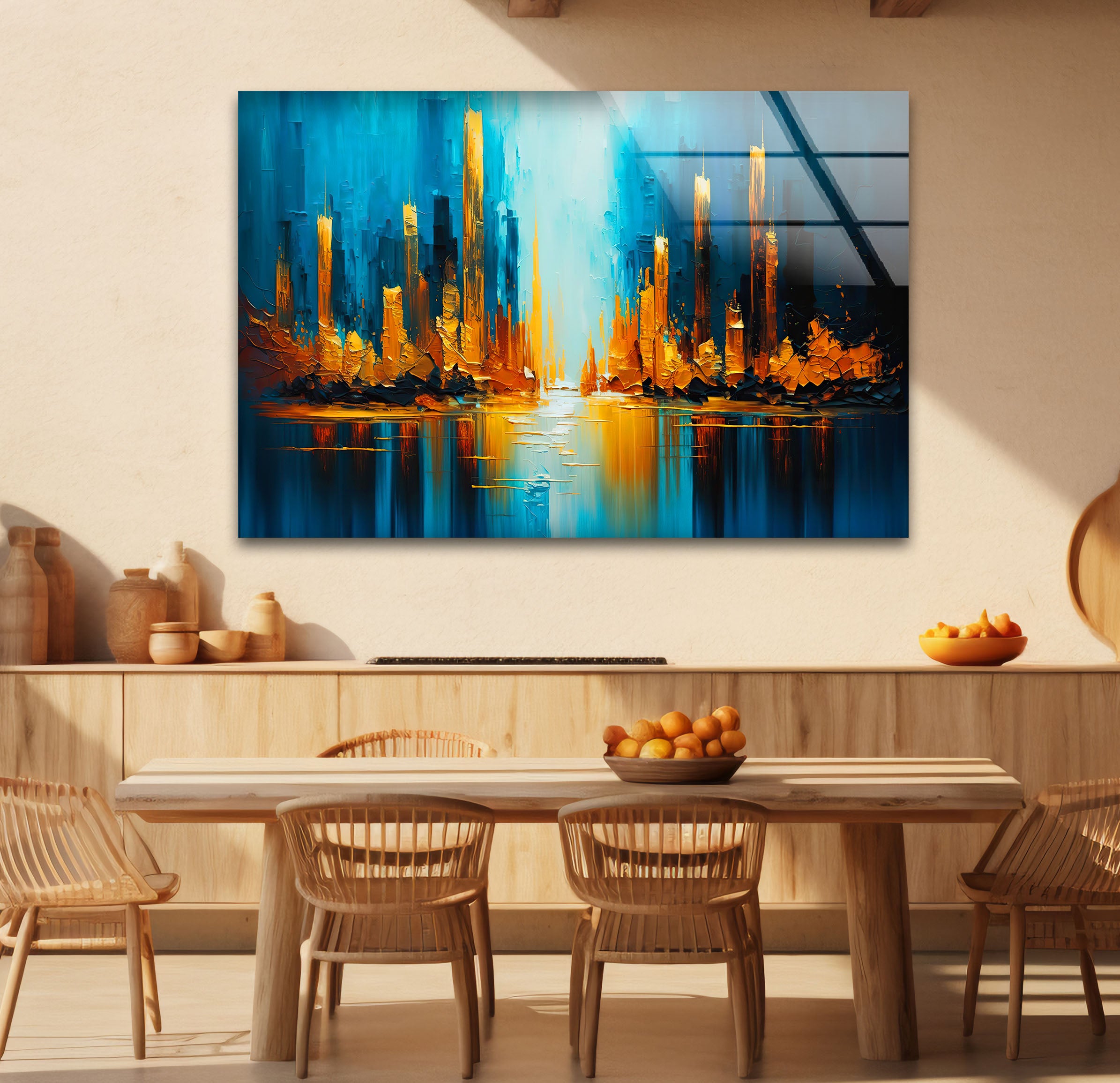 Blue and Gold Abstract City Wall Art - Vibrant Skyline Glass Print Canvas for Living Room & Office Decor | Modern Urban Landscape Painting