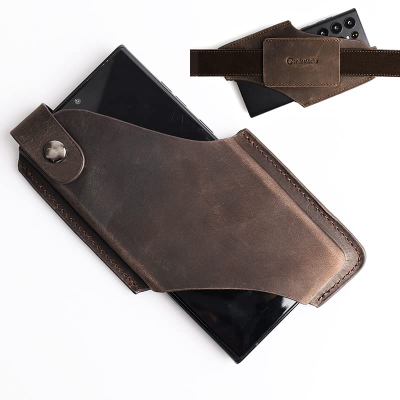 Gentlestache Leather Phone Holster - Belt Loop Phone Holder with Magnetic Button | Premium Leather Belt Pouch for iPhone & Android | Perfect for Work, Travel & Outdoor Activities (Dark Brown)