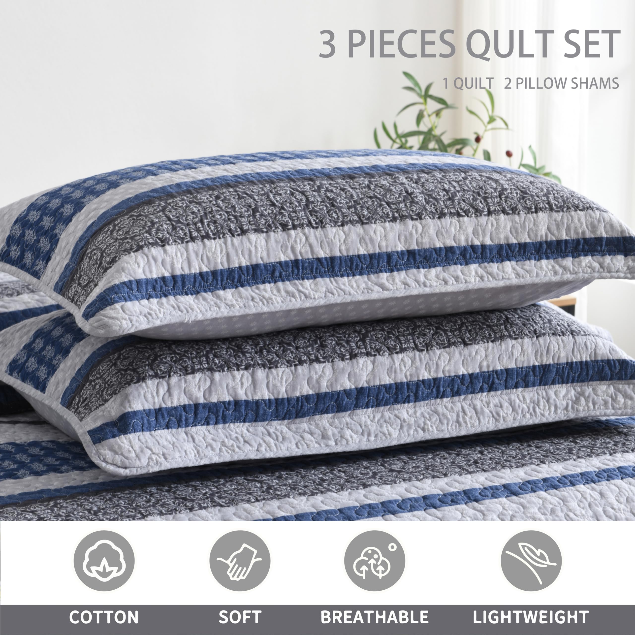 Homzard 100% Cotton Queen Size Quilt Bedding Set - Lightweight Farmhouse Comforter with 2 Pillow Shams, Gray Blue Bedspread (90x98 Inches) | All-Season Cozy Bedding for Master Bedroom, Guest Room & Farmhouse Decor