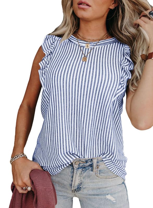SHEWIN Women's Summer Crewneck Tank Tops - Casual Ruffle Sleeveless Blouse for Spring/Summer 2024 Fashion - Perfect for Beach, Vacation & Daily Wear