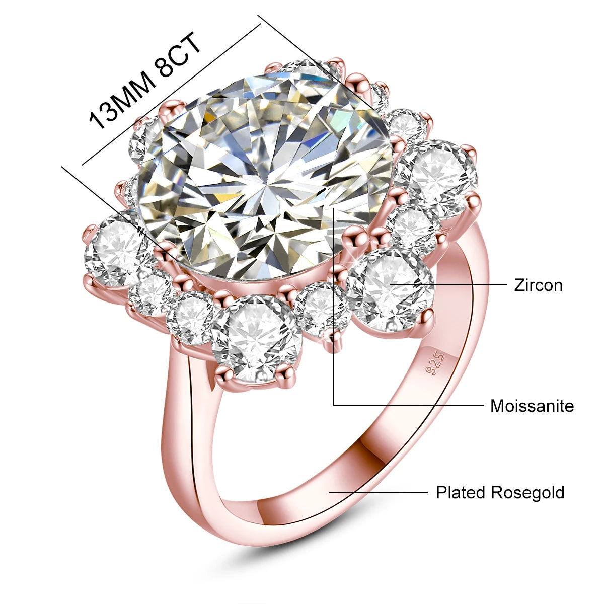 8ct Round Flower Cut 13mm Moissanite Engagement Ring with Certification - Luxury Wedding Band for Women, Perfect for Proposals, Anniversaries & Bridal Jewelry