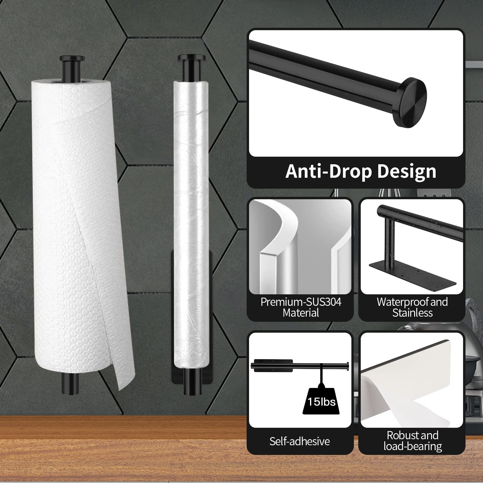 Stainless Steel Wall Mounted Tissue Holder - 13 Inch Self-Adhesive Toilet Paper Dispenser with Screws for Vertical or Horizontal Installation (Black) | Perfect for Bathroom, Kitchen, Office & RV Organization