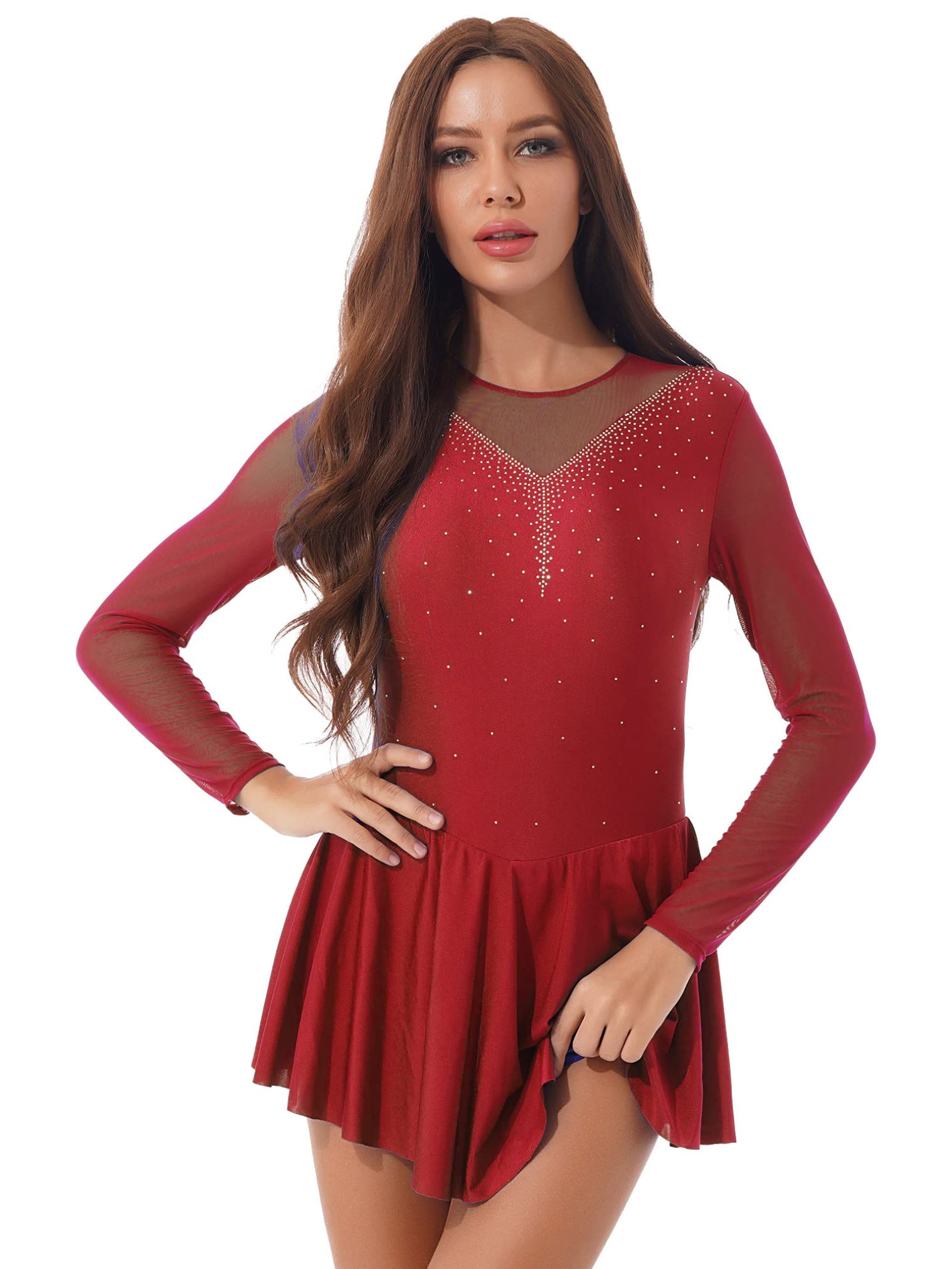Elegant Women's Lyrical Dance Costume - Long Sleeve Mesh Figure Skating Dress with Backless Design for Ballet & Contemporary Dance | Perfect for Performances, Competitions & Dance Practice