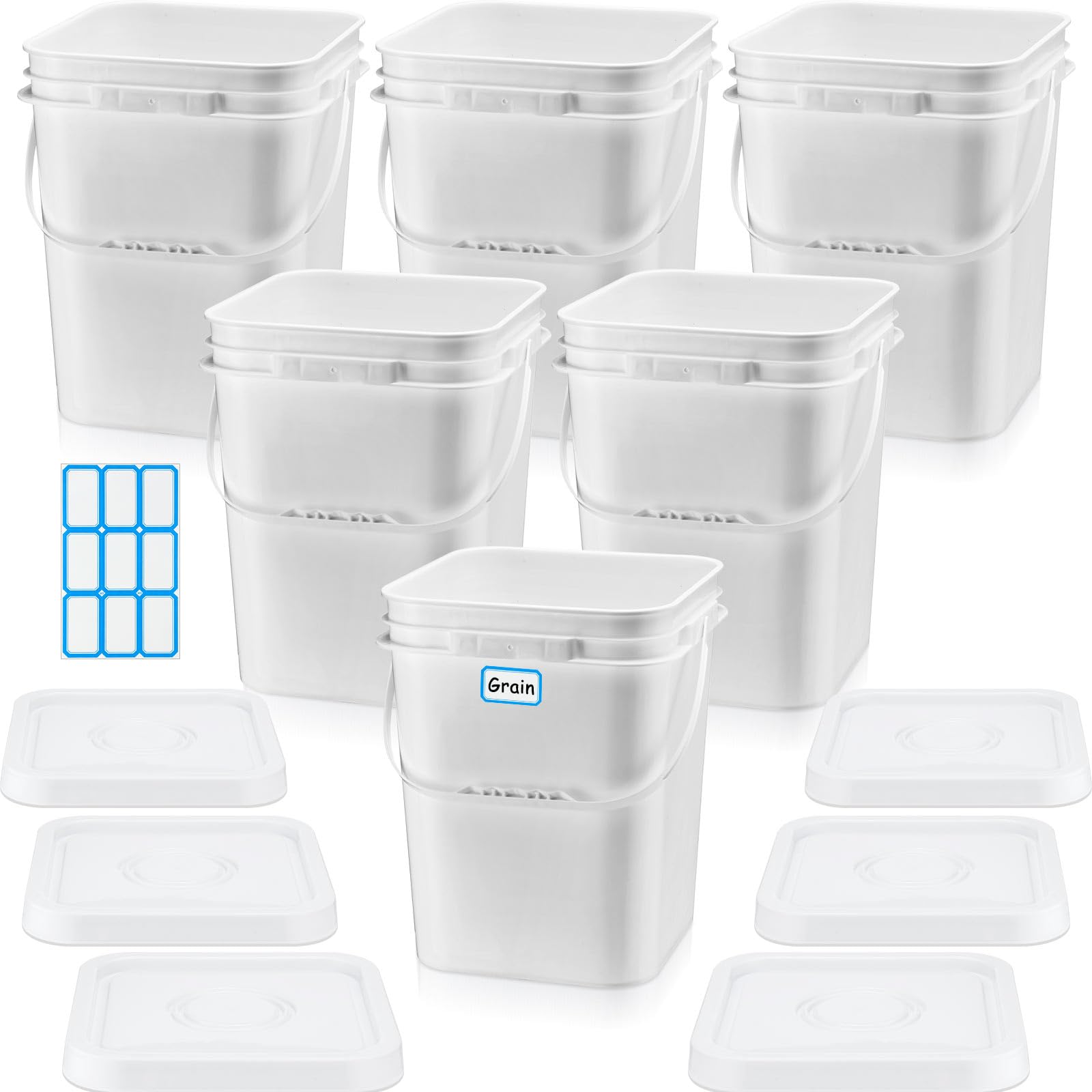 Vesici 6-Pack 5 Gallon Square Buckets with Lids & Handles - Heavy Duty Food Grade Storage Containers for Paint, Water, Art Crafts - DIY Label Sticker Included (White) - Perfect for Home, Garage, Workshop & Industrial Use