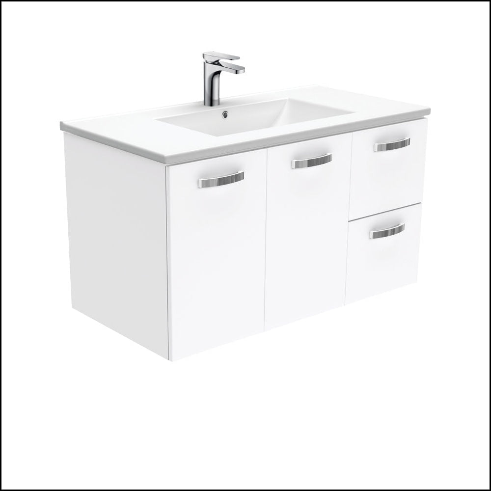 Fienza Dolce TCL90JR 900mm White Ceramic Wall-Mounted Bathroom Vanity with Handles, Single Tap Hole & Right-Hand Drawers - Perfect for Modern Bathroom Renovations and Small Space Solutions