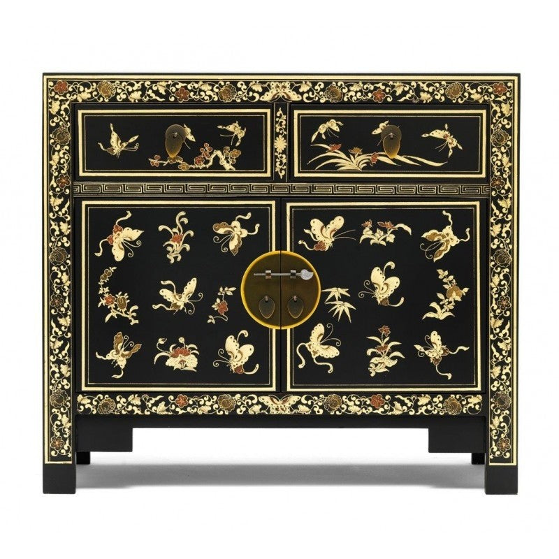 Golden Dragon Oriental Painted Solid Wood Black Gold Sideboard Buffet Cabinet 90x40x84cm - Elegant Storage for Dining Room, Living Room & Entryway