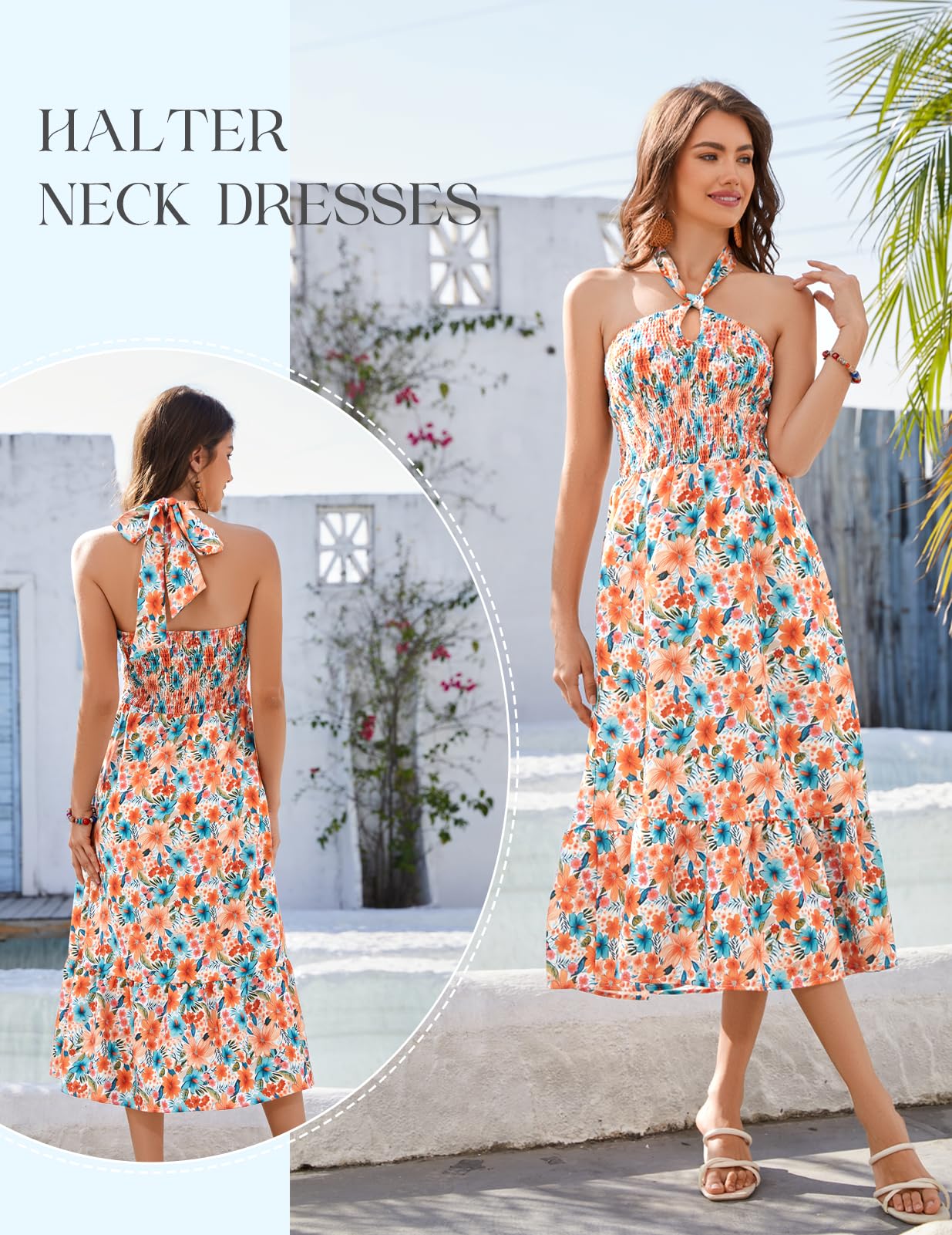 HomRain Women's Summer Dresses 2025 - Elegant Halter Neck Backless Boho Floral Maxi Dress for Cocktail Party, Wedding & Beach Vacation | Spring Collection | Lightweight Comfortable Dress for Outdoor Events