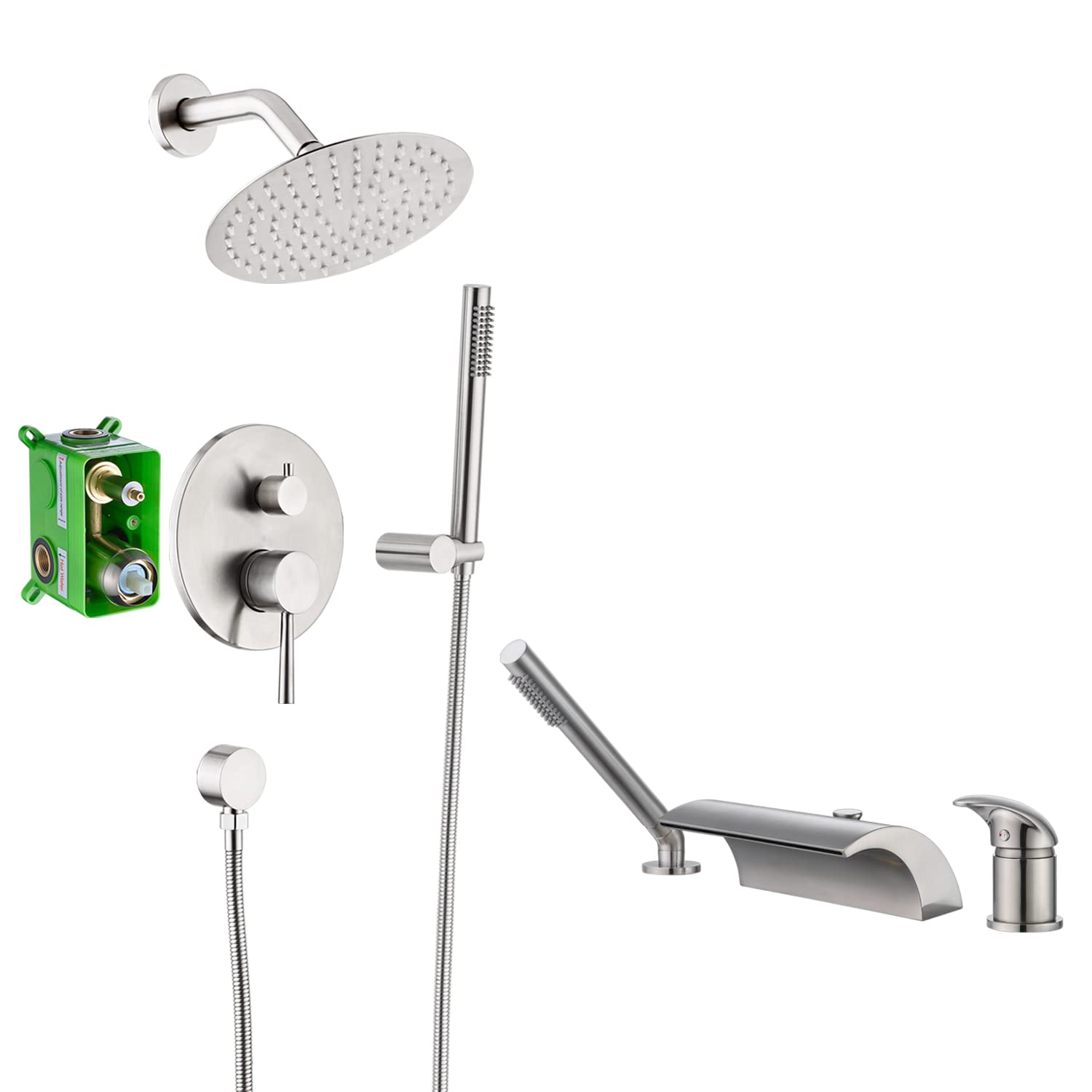 Premium Wall Mounted Rainfall Shower System with Waterfall Roman Tub Faucet - Modern Bathroom Fixtures for Luxury Spa Experience at Home (Model S3223NI + S2138NW)