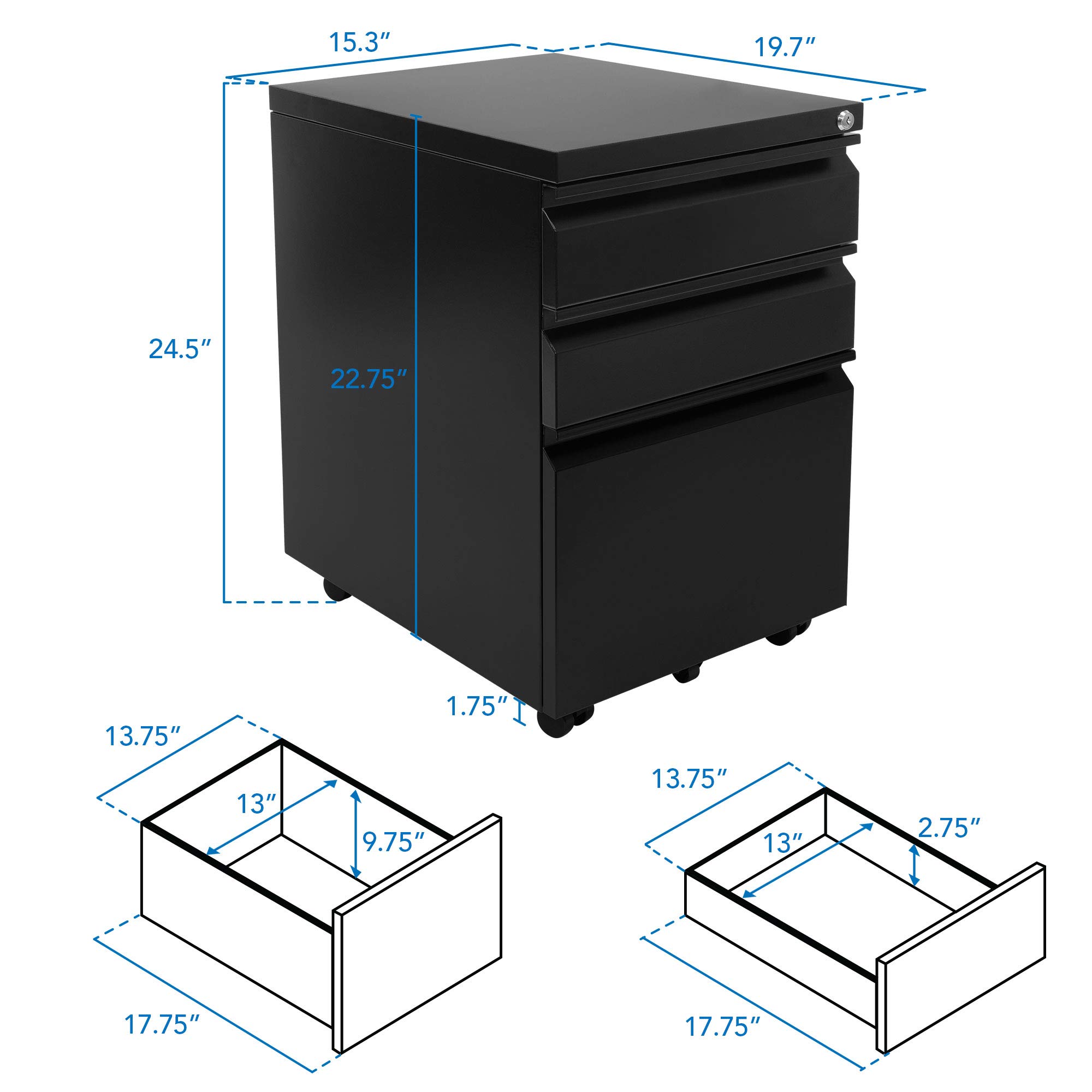Mount-It! 3-Drawer Locking File Cabinet on Wheels - Black Under Desk Storage Organizer for Legal, Letter & A4 Files | Perfect for Home Office, Small Spaces & Mobile Document Storage