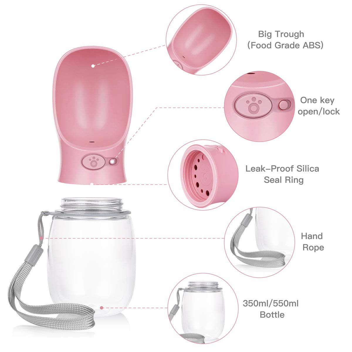 Portable Dog Water Bottle with Bowl - 12oz Lightweight Travel Water Dispenser for Dogs, Puppy Essentials for Outdoor Walking, Hiking & Camping | Pet Accessories (Pink) - Perfect for Park Visits, Beach Trips & Daily Walks