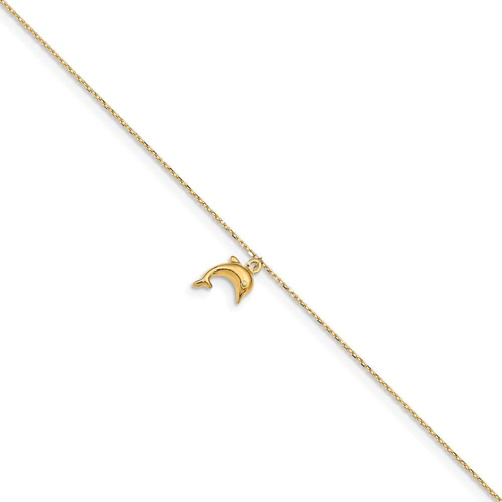 14K Yellow Gold Dolphin Charm Anklet with 1 Inch Extension - Adjustable 10 Inch Length | Elegant Beach Jewelry for Women | Perfect for Summer Vacations, Gifts & Boho Style Outfits
