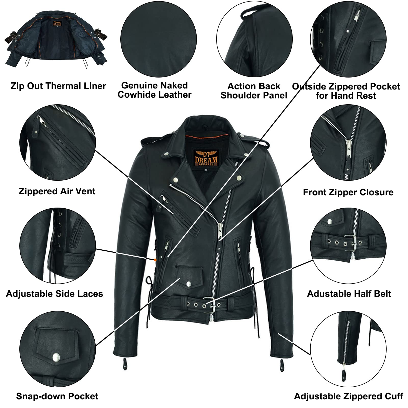 Dream Apparel Women's Classic Leather Motorcycle Jacket - Zip Out Lining & Side Laces - Black Biker Jacket for Ladies - Perfect for Riding, Casual Wear & Outdoor Adventures