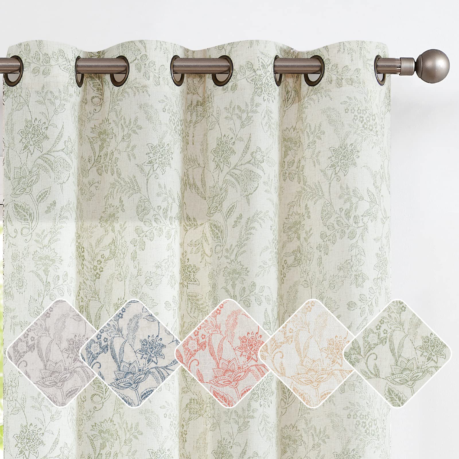 JINCHAN Floral Linen Curtains 84 Inch Long - Light Filtering Semi-Sheer Farmhouse Style Window Drapes for Living Room & Kitchen - Green on Beige Grommet Top Panels (Set of 2) - Perfect for Country Cottage, Boho Decor & Sunlit Windows