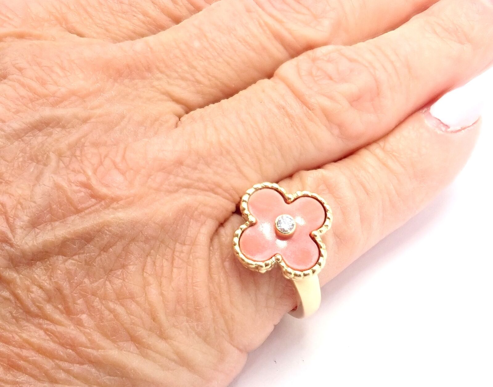 Authentic Van Cleef & Arpels Alhambra 18k Yellow Gold Coral Diamond Ring - Luxury Jewelry for Women, Elegant Gift for Anniversary, Wedding & Special Occasions