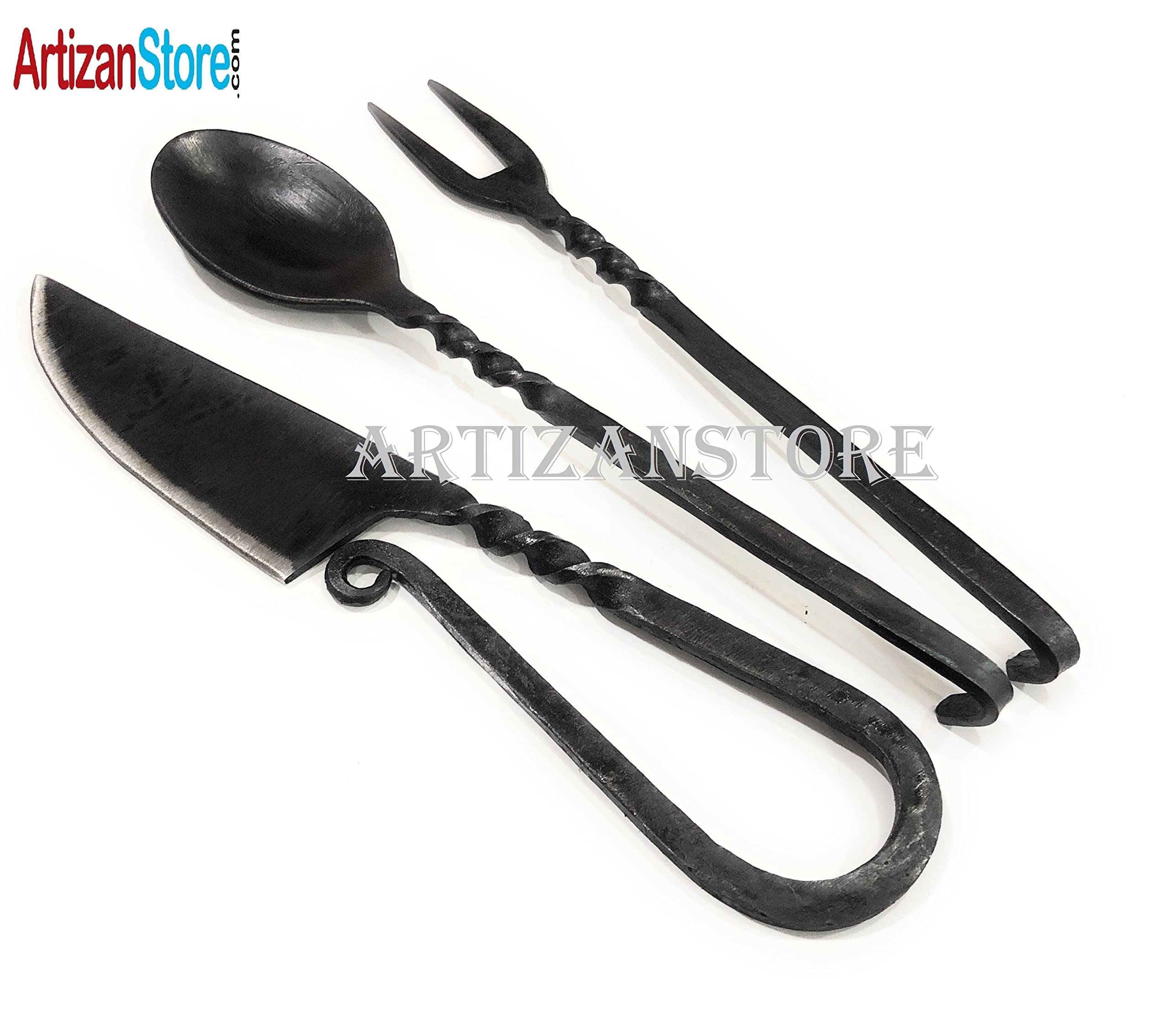 Hand-Forged Black Medieval 3-Piece Kitchen Utensil Set - Viking Cutlery with Knife, Spoon & Fork - Rustic Dinnerware for Home, Restaurant & Camping - Durable Kitchen Tools & Outdoor Essentials