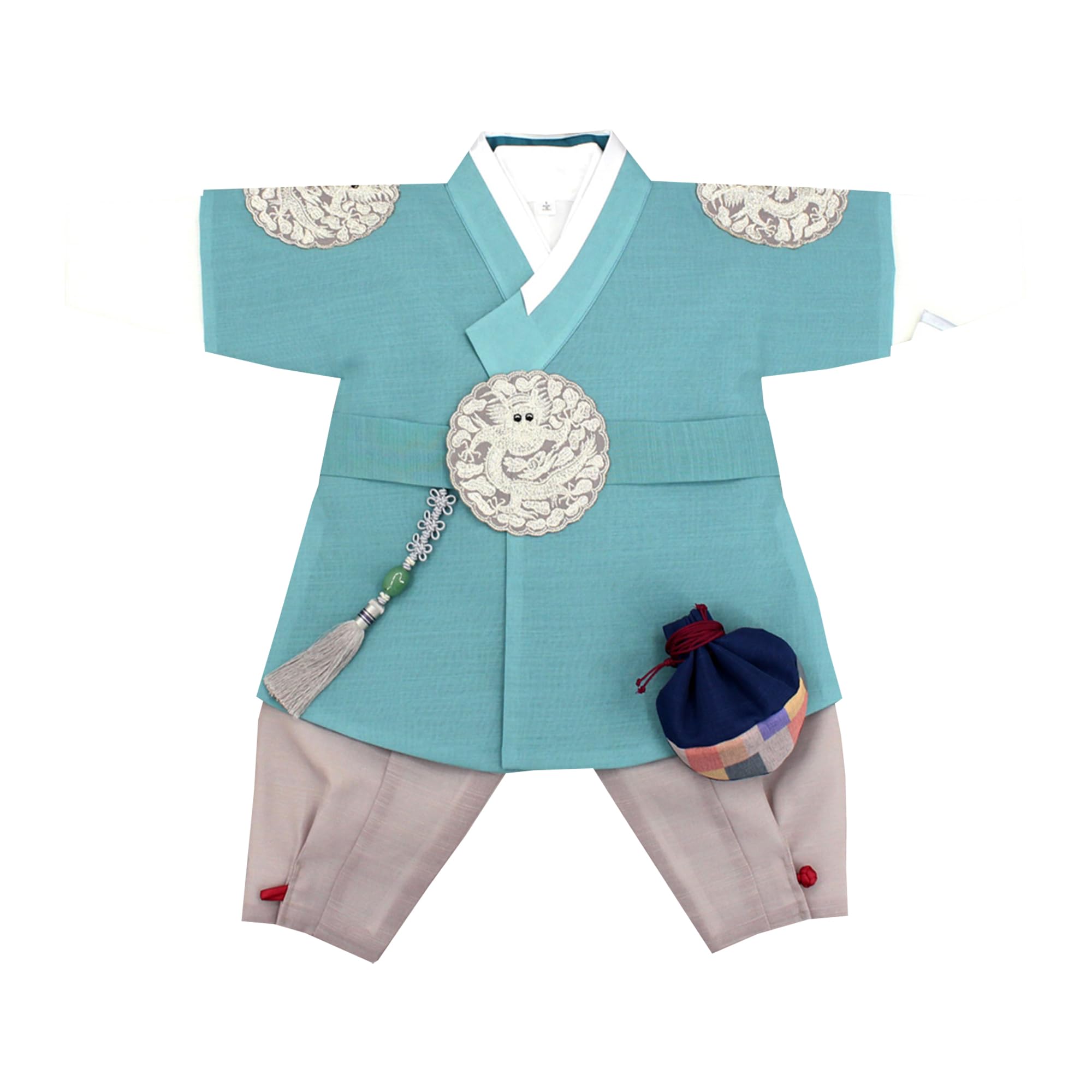 Traditional Korean Hanbok Baby Boy Outfit - Turquoise Kings Design Clothing Set for 100 Days to 8 Years Old | DDB005 | Perfect for First Birthday, Doljanchi, Korean Cultural Events & Photo Shoots