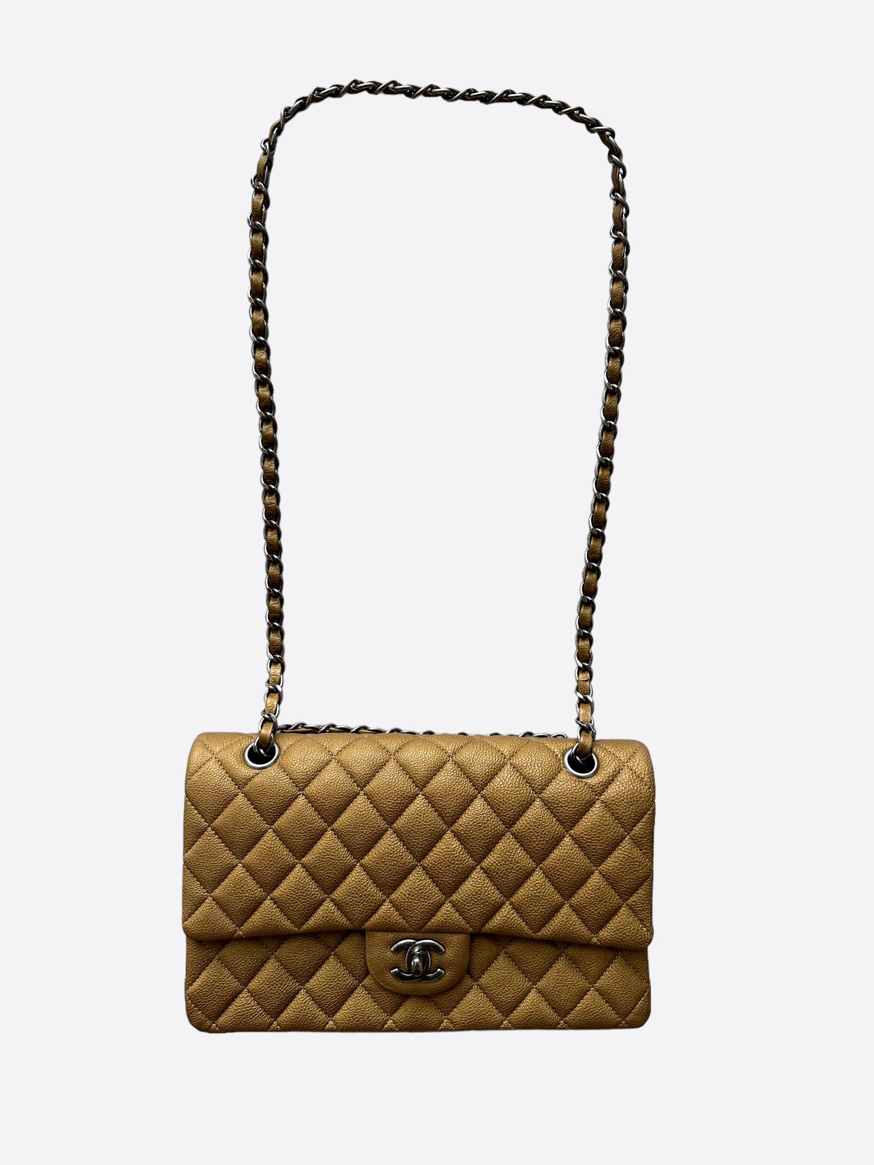 Chanel Dark Gold Quilted Caviar Leather Medium Double Flap Handbag for Women | Luxury Designer Shoulder Bag for Evening Parties & Special Occasions