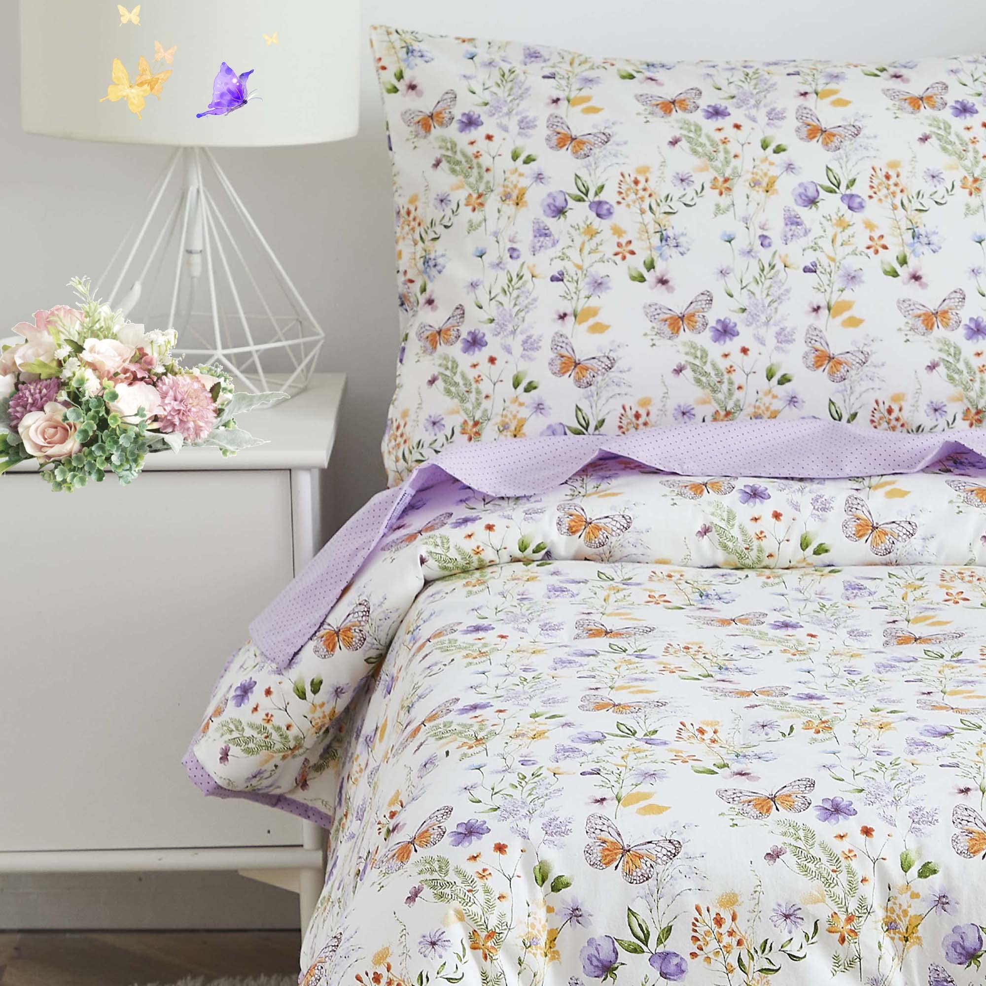 Brandream 4-Piece Toddler Bedding Set for Girls - Soft Cotton Butterfly Floral Comforter, Fitted Sheet, Pillowcase (Purple/Yellow/White/Green) - Perfect for Nursery, Daycare or Kids Room Decor