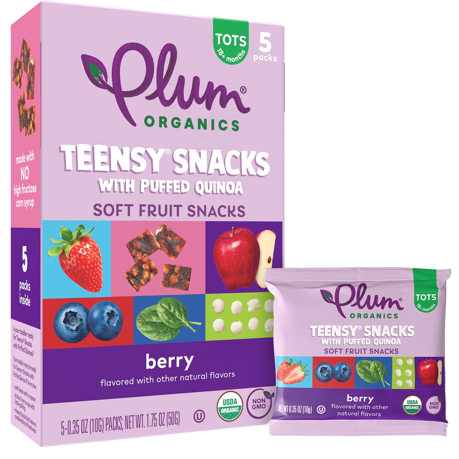 Organic Plum Teensy Snacks Berry Fruit & Quinoa Puffs - 40 Pack (0.35oz Bags) - Healthy Toddler Snacks for On-the-Go, Daycare & Lunchboxes