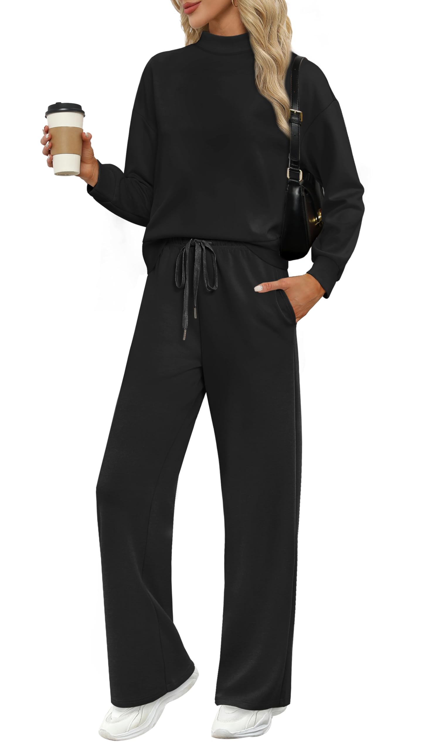 WIHOLL Women's Two Piece Lounge Set - Mock Neck Top & Wide Leg Pants for Fall | Comfortable Travel Outfit for Airport, Vacation & Casual Wear