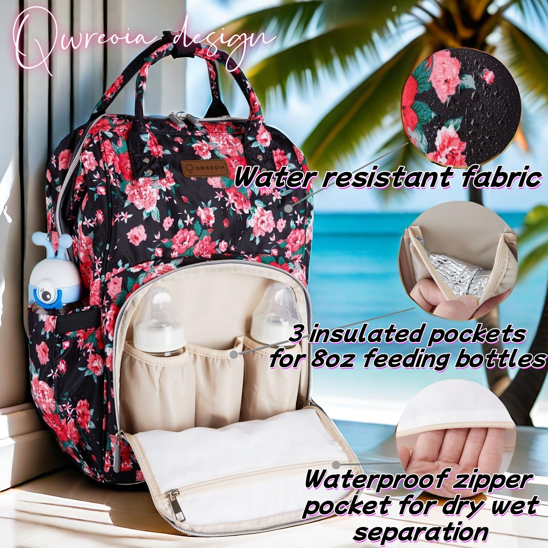 Floral Diaper Backpack for Women - Waterproof Baby Bag with USB Charging Port, Stroller Straps & Insulated Bottle Pocket - Large Travel Nappy Backpack for Moms (Red Flower Pattern) | Perfect for Daycare, Park Outings & Family Trips