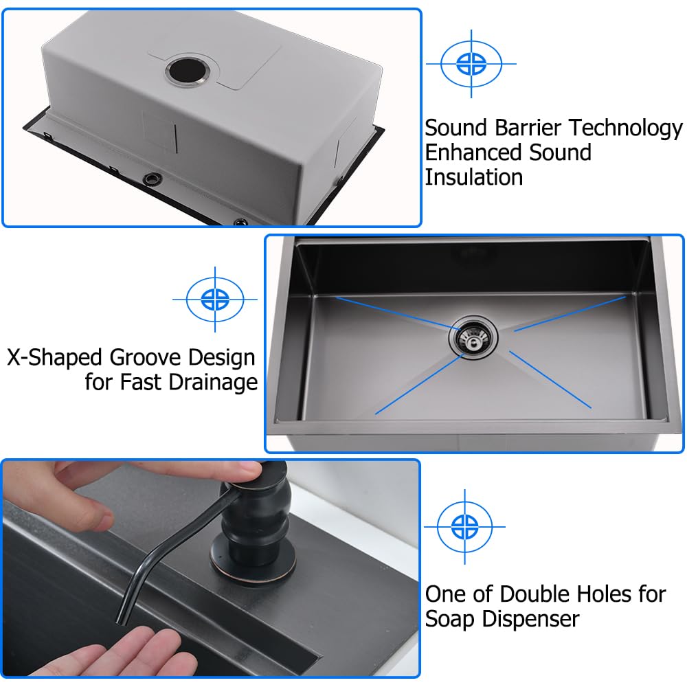 33 x 19 Inch Black Stainless Steel Drop-In Kitchen Sink - 16 Gauge Deep Single Bowl Workstation Basin for Modern Kitchens | Perfect for Meal Prep & Dishwashing