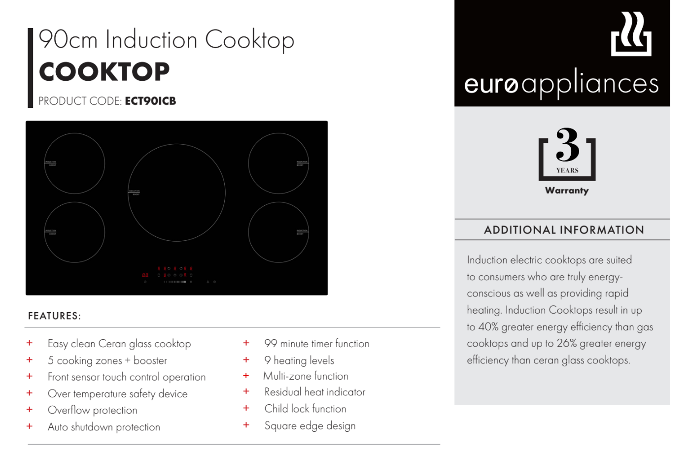 Euro Appliances ECT90ICB 90cm Built-in Induction Cooktop with Touch Control - Perfect for Modern Kitchens, Fast & Energy Efficient Cooking
