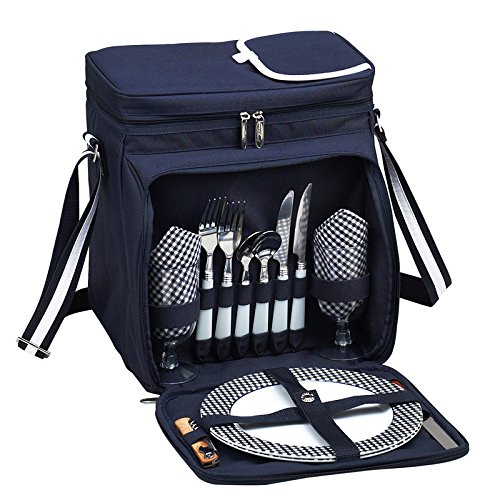 Two Person Picnic Backpack with Insulated Cooler Compartment - Blue Outdoor Picnic Set for Couples, Hiking & Beach Day Essentials | Gifts Plaza