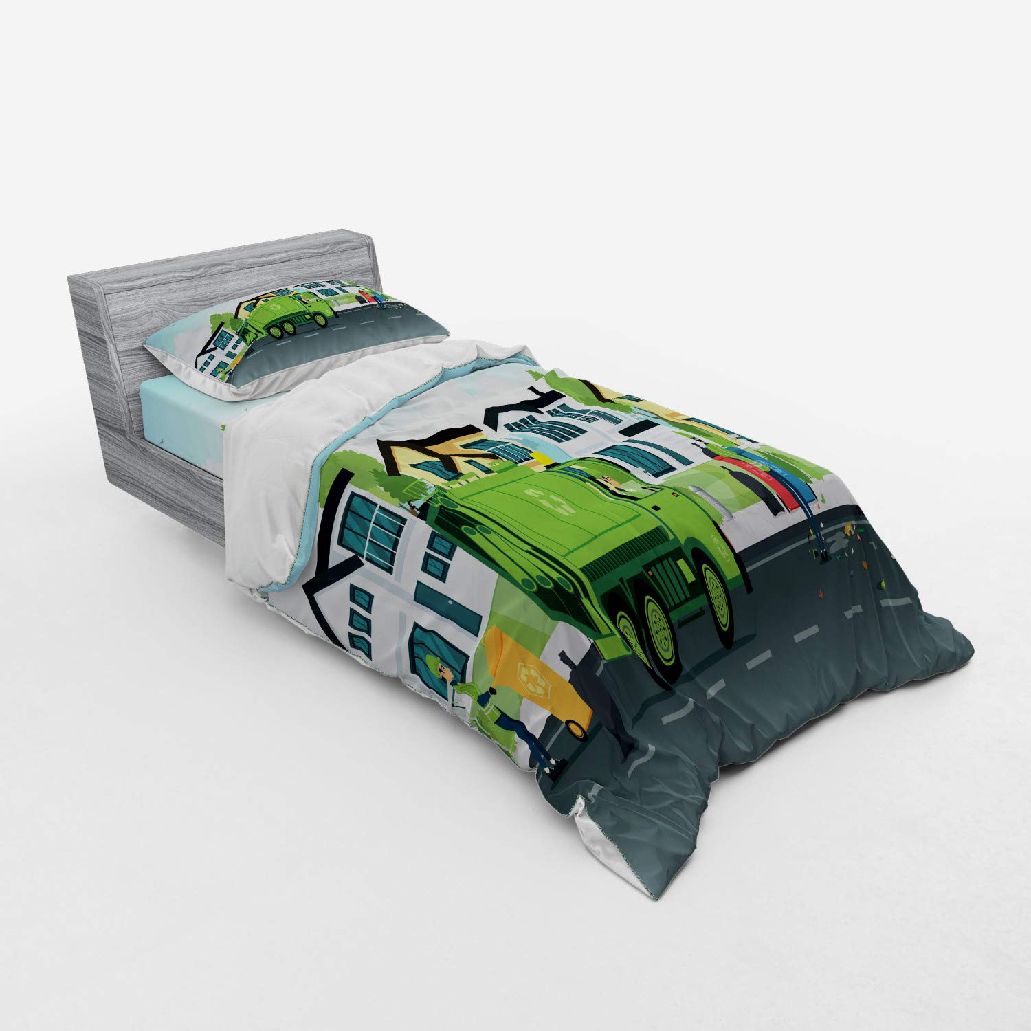 Ambesonne Garbage Truck Duvet Cover Set - 3 Piece Twin XL Bedding with Sham & Fitted Sheet, Fern Green Blue Design Featuring Road Scene with Houses & Waste Collectors - Perfect for Kids' Rooms, Truck-Themed Bedrooms & Gift Ideas
